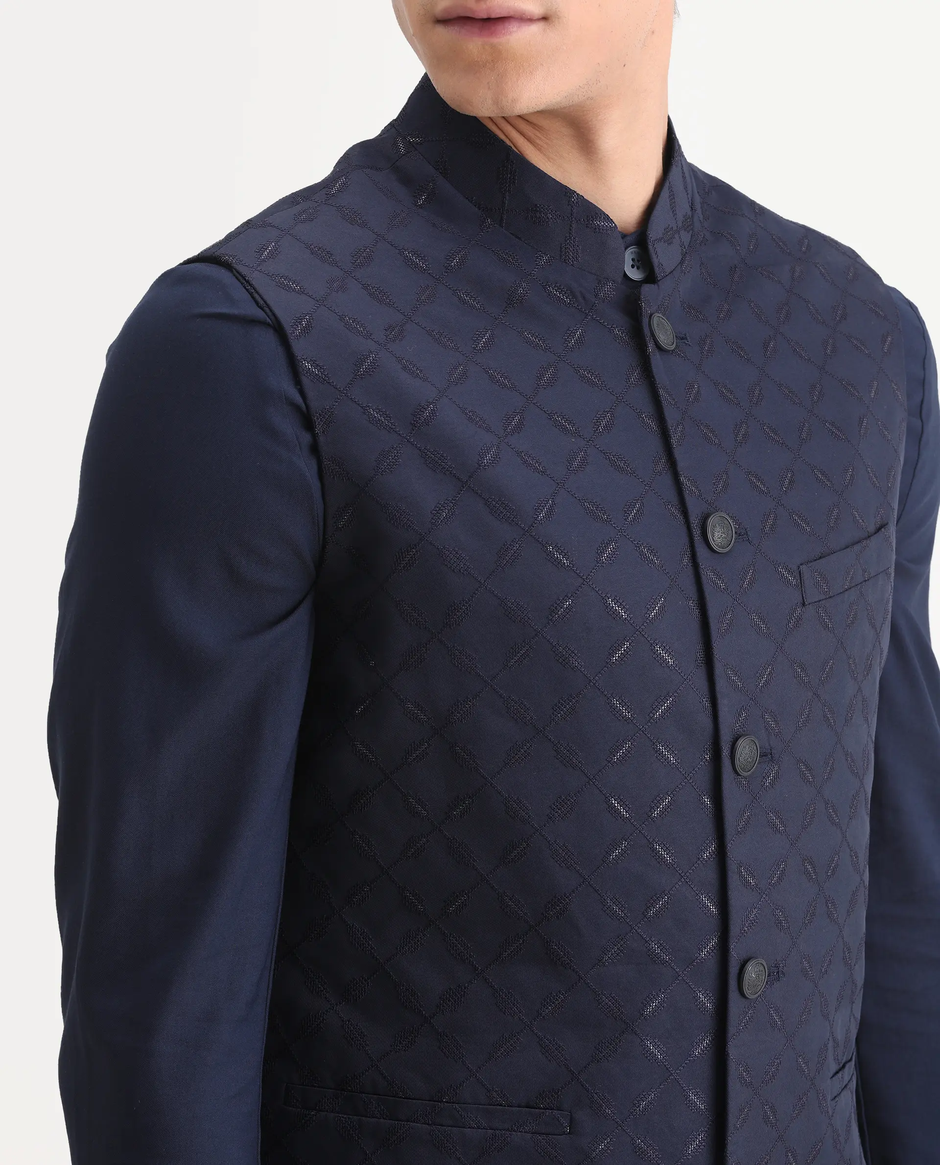 Rare Rabbit Men's Medo-Kpb Dark Navy Viscose Embroidered Regular Fit Full Sleeve Mandarin Collar Kurta Suit - Image 3