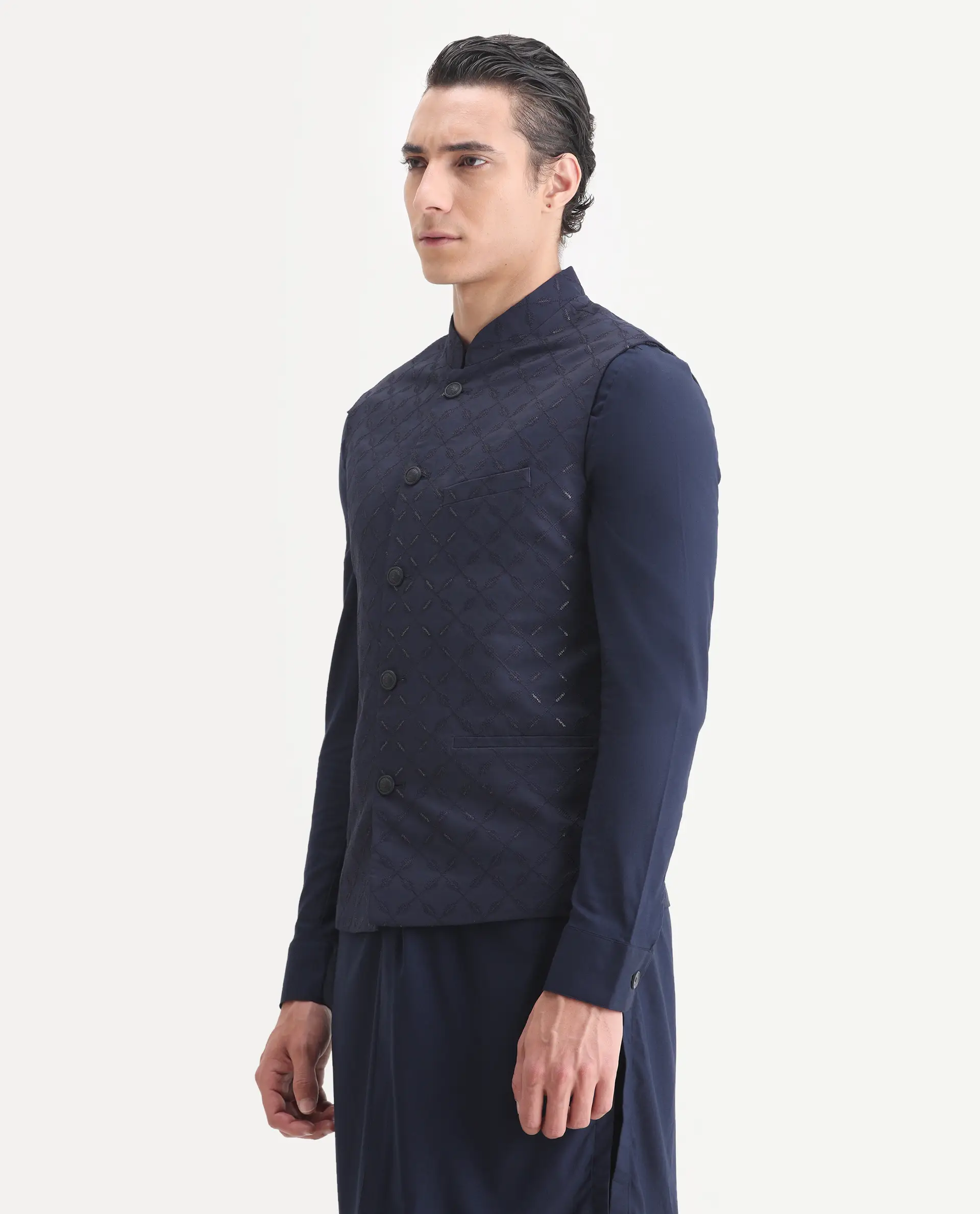 Rare Rabbit Men's Medo-Kpb Dark Navy Viscose Embroidered Regular Fit Full Sleeve Mandarin Collar Kurta Suit - Image 4
