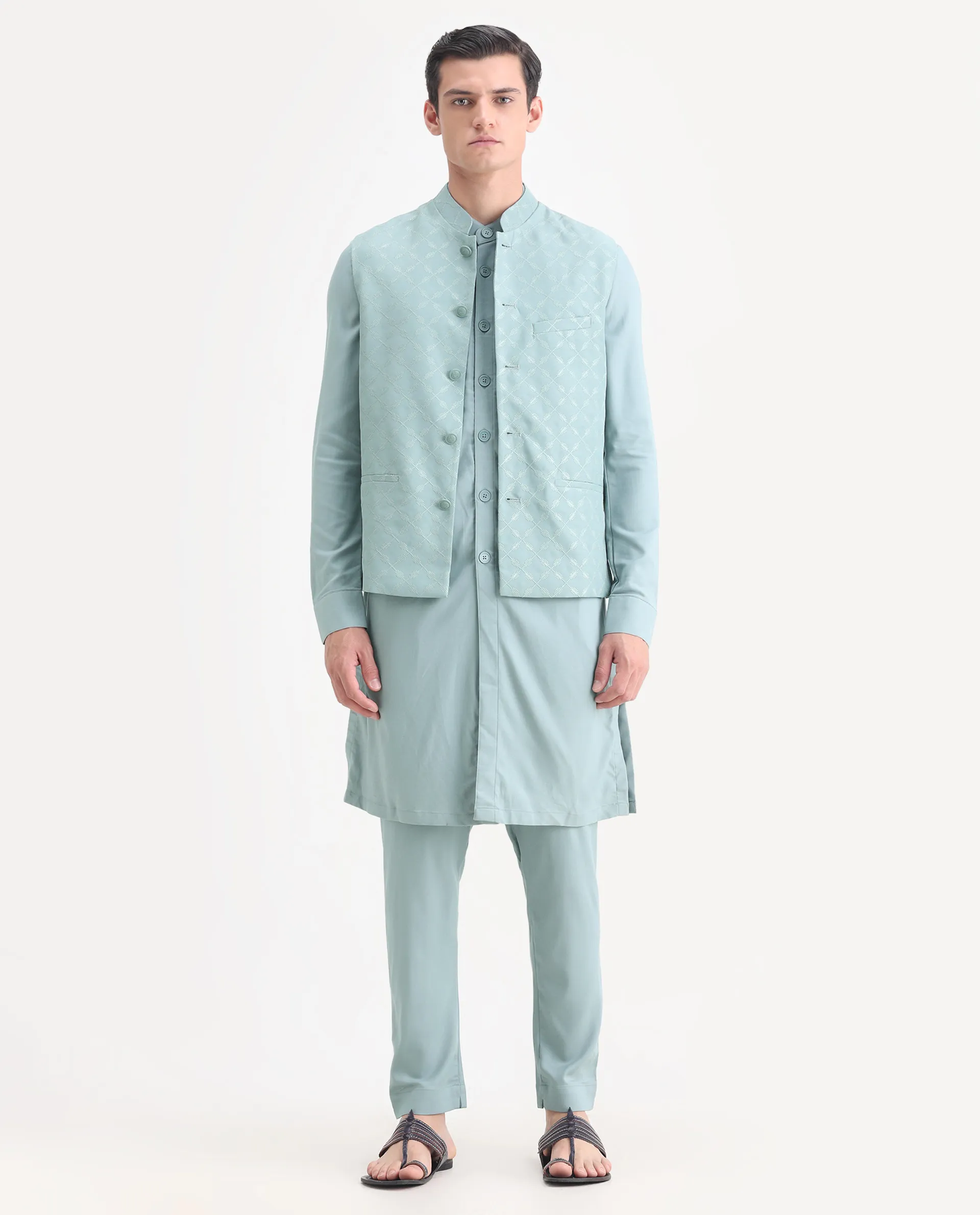 Rare Rabbit Men's Medo Kpb Dusky Green Viscose Embroidered Regular Fit Full Sleeve Mandarin Collar Kurta Suit - Image 2