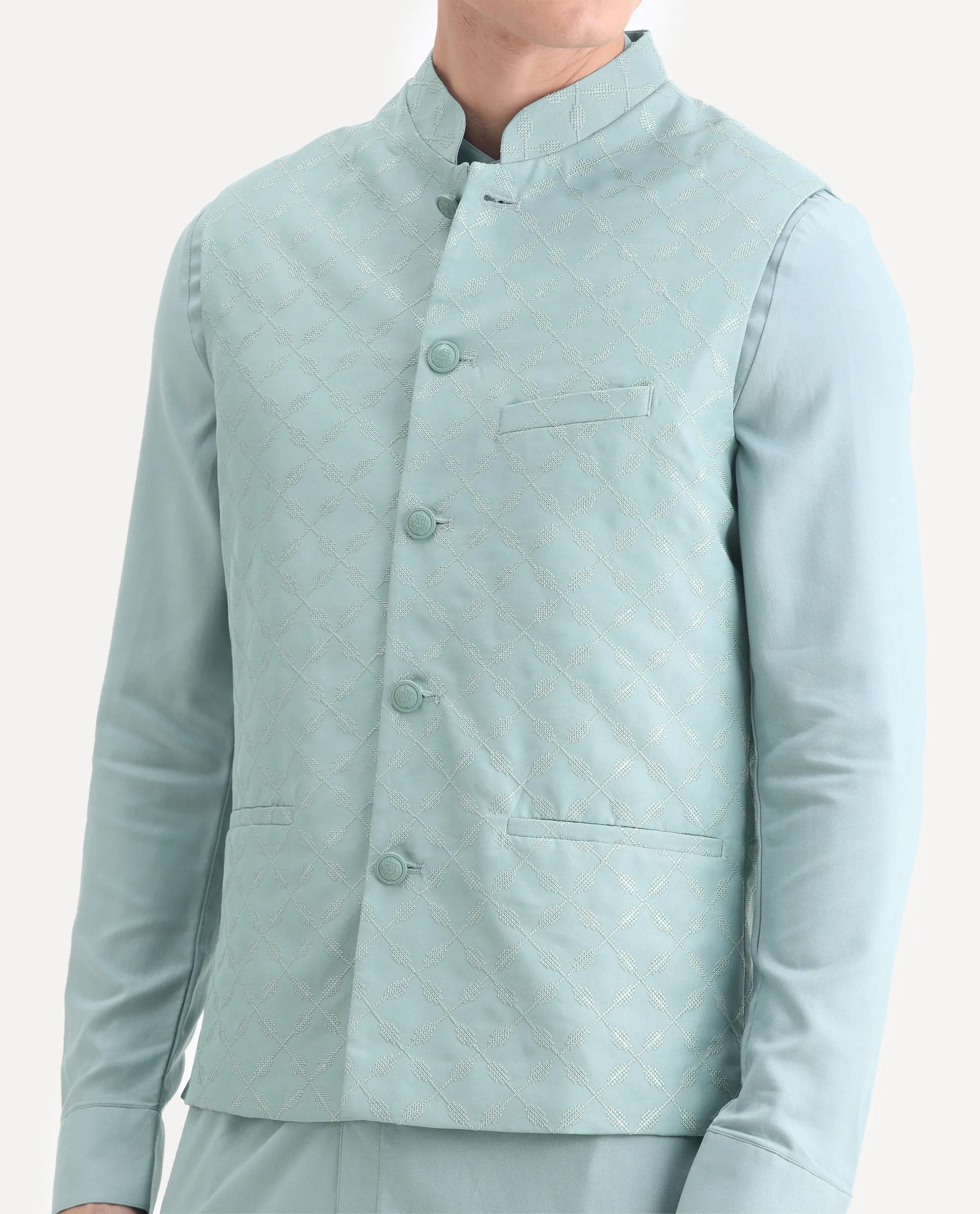 Rare Rabbit Men's Medo Kpb Dusky Green Viscose Embroidered Regular Fit Full Sleeve Mandarin Collar Kurta Suit - Image 3