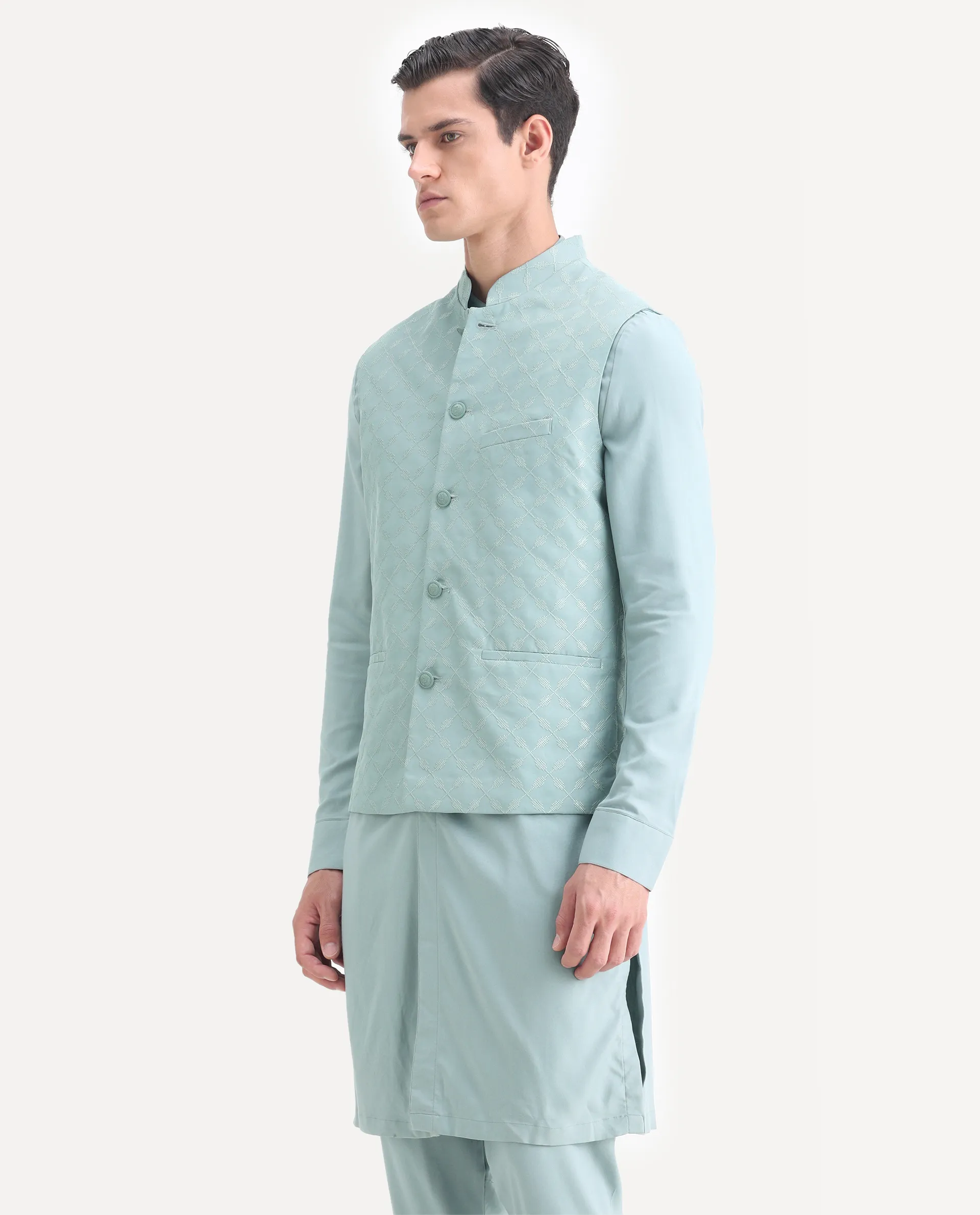 Rare Rabbit Men's Medo Kpb Dusky Green Viscose Embroidered Regular Fit Full Sleeve Mandarin Collar Kurta Suit - Image 4