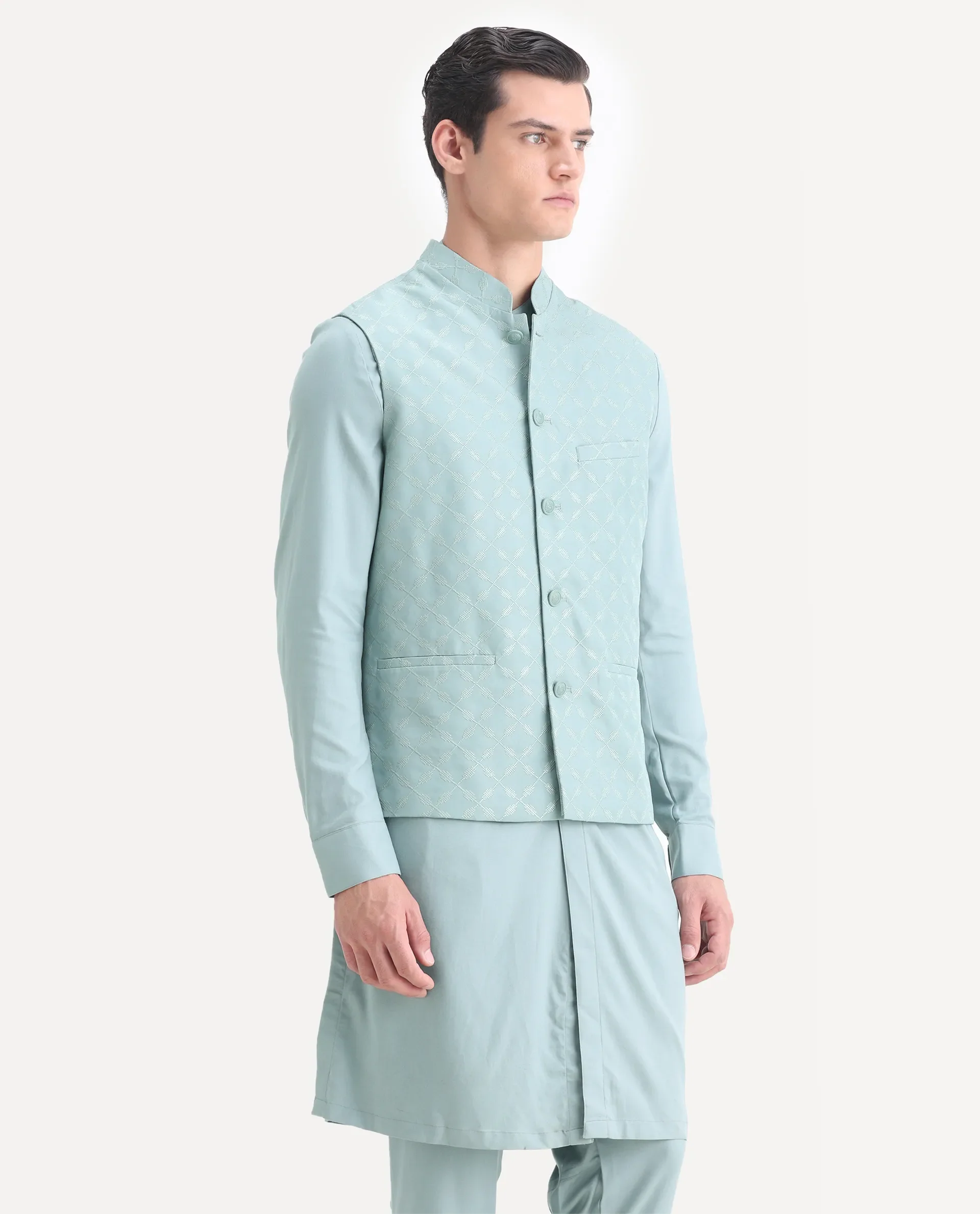 Rare Rabbit Men's Medo Kpb Dusky Green Viscose Embroidered Regular Fit Full Sleeve Mandarin Collar Kurta Suit - Image 5