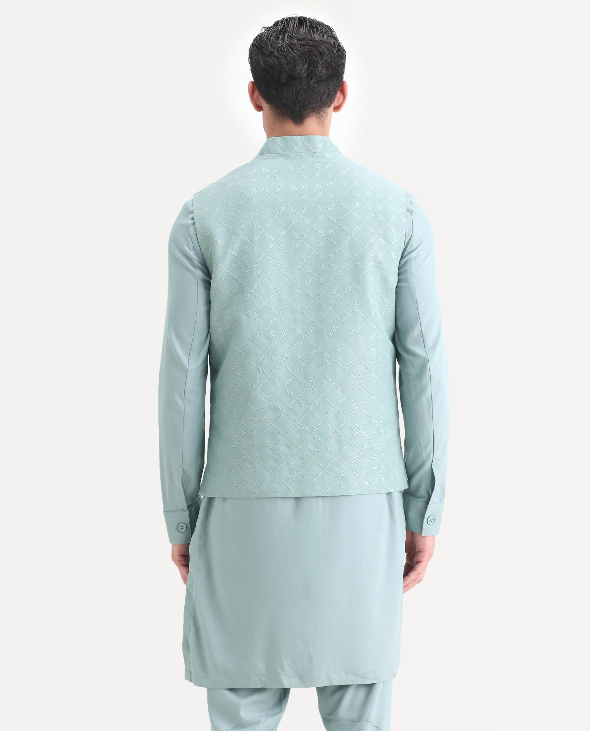 Rare Rabbit Men's Medo Kpb Dusky Green Viscose Embroidered Regular Fit Full Sleeve Mandarin Collar Kurta Suit - Image 6