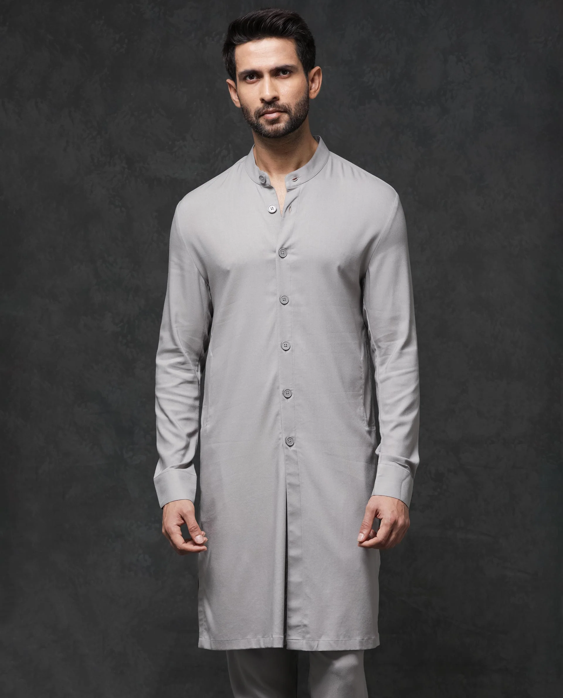 Rare Rabbit Men's Medo Kpb Grey Viscose Embroidered Regular Fit Full Sleeve Mandarin Collar Kurta Suit - Image 3
