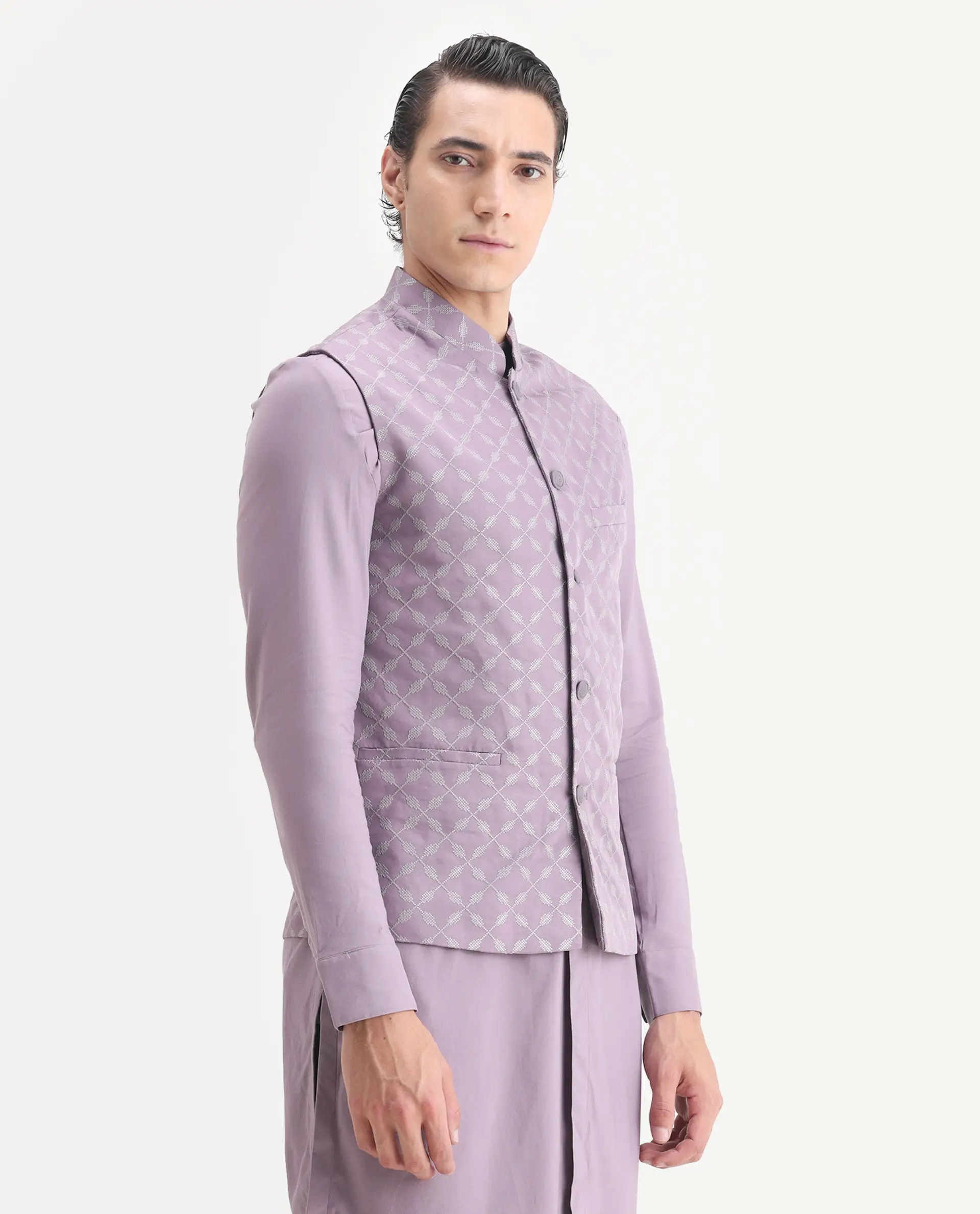 Rare Rabbit Men's Medo Kpb Pastel Purple Viscose Embroidered Regular Fit Full Sleeve Mandarin Collar Kurta Suit - Image 2