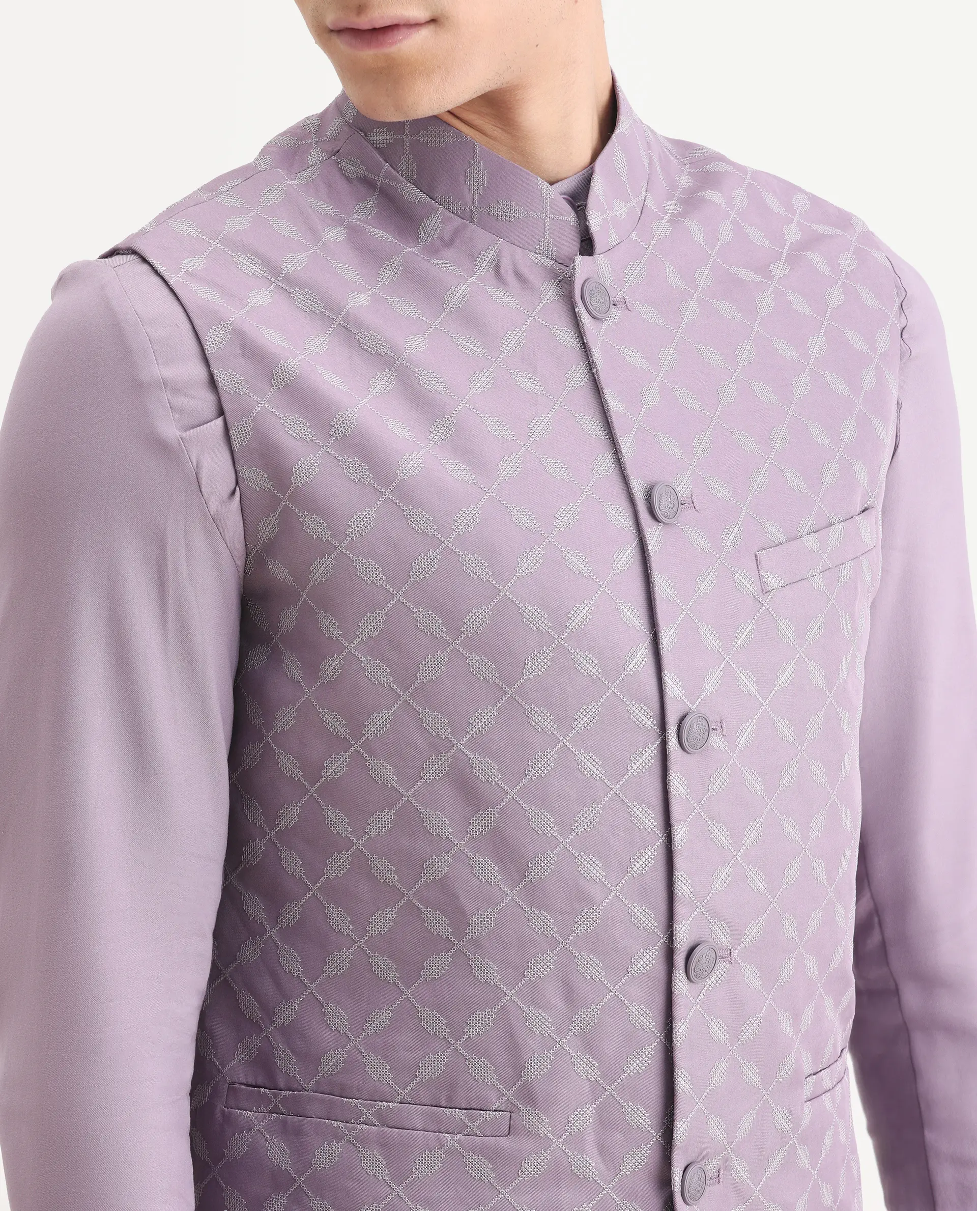 Rare Rabbit Men's Medo Kpb Pastel Purple Viscose Embroidered Regular Fit Full Sleeve Mandarin Collar Kurta Suit - Image 3