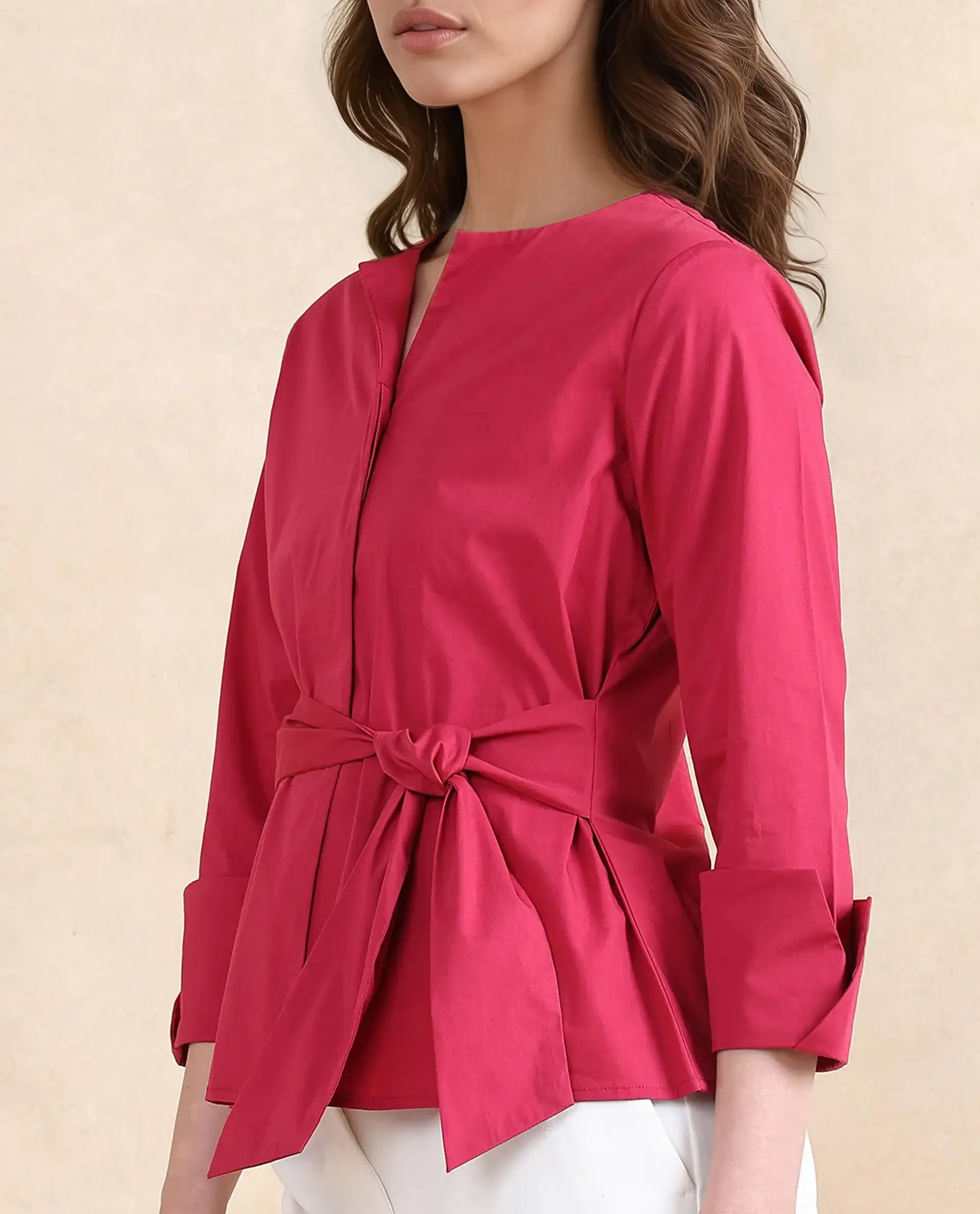 Rareism Women's Medui Dark Pink Cotton Blend Built-Up Neck Plain Regular Fit Top - Image 2