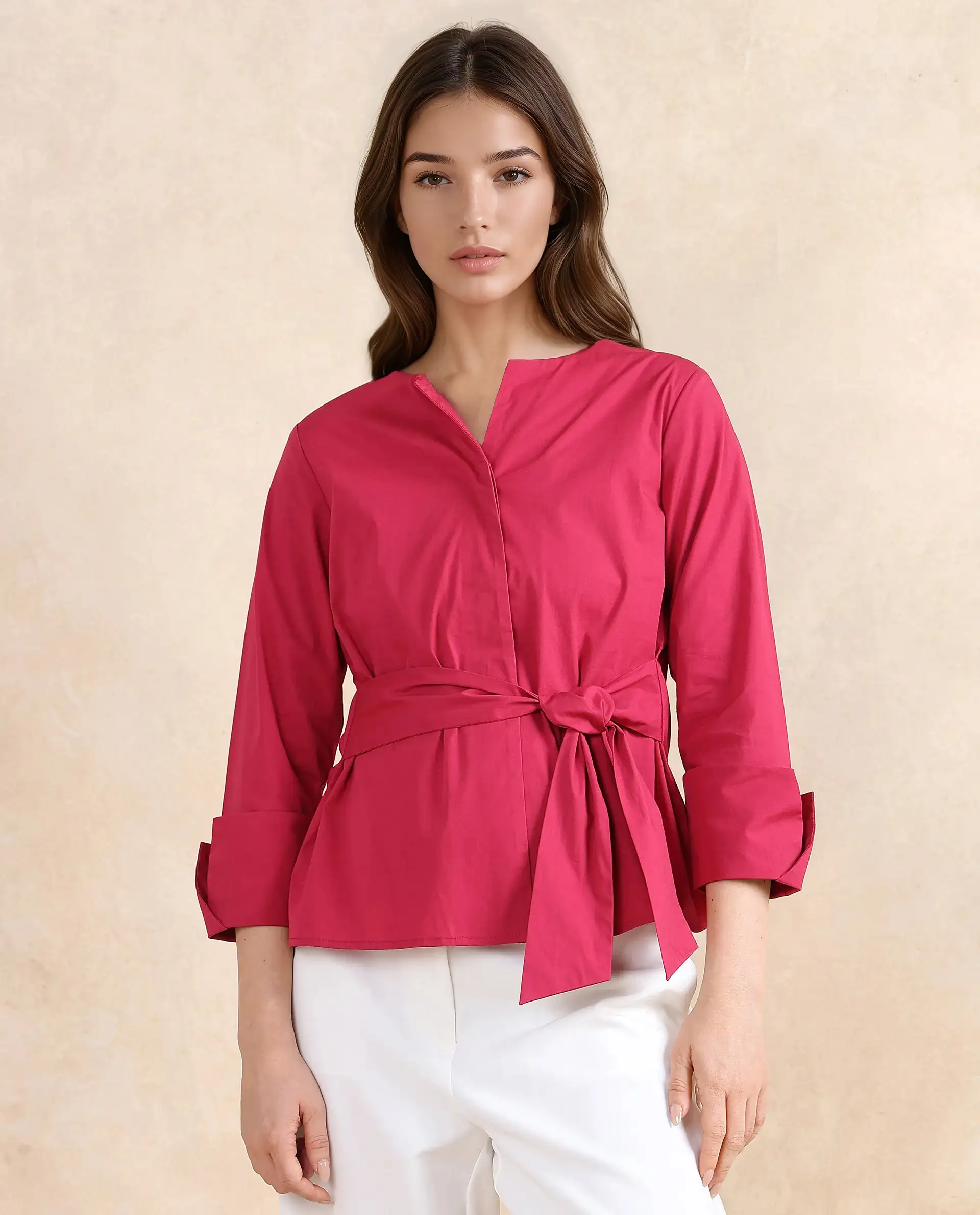 Rareism Women's Medui Dark Pink Cotton Blend Built-Up Neck Plain Regular Fit Top - Image 3