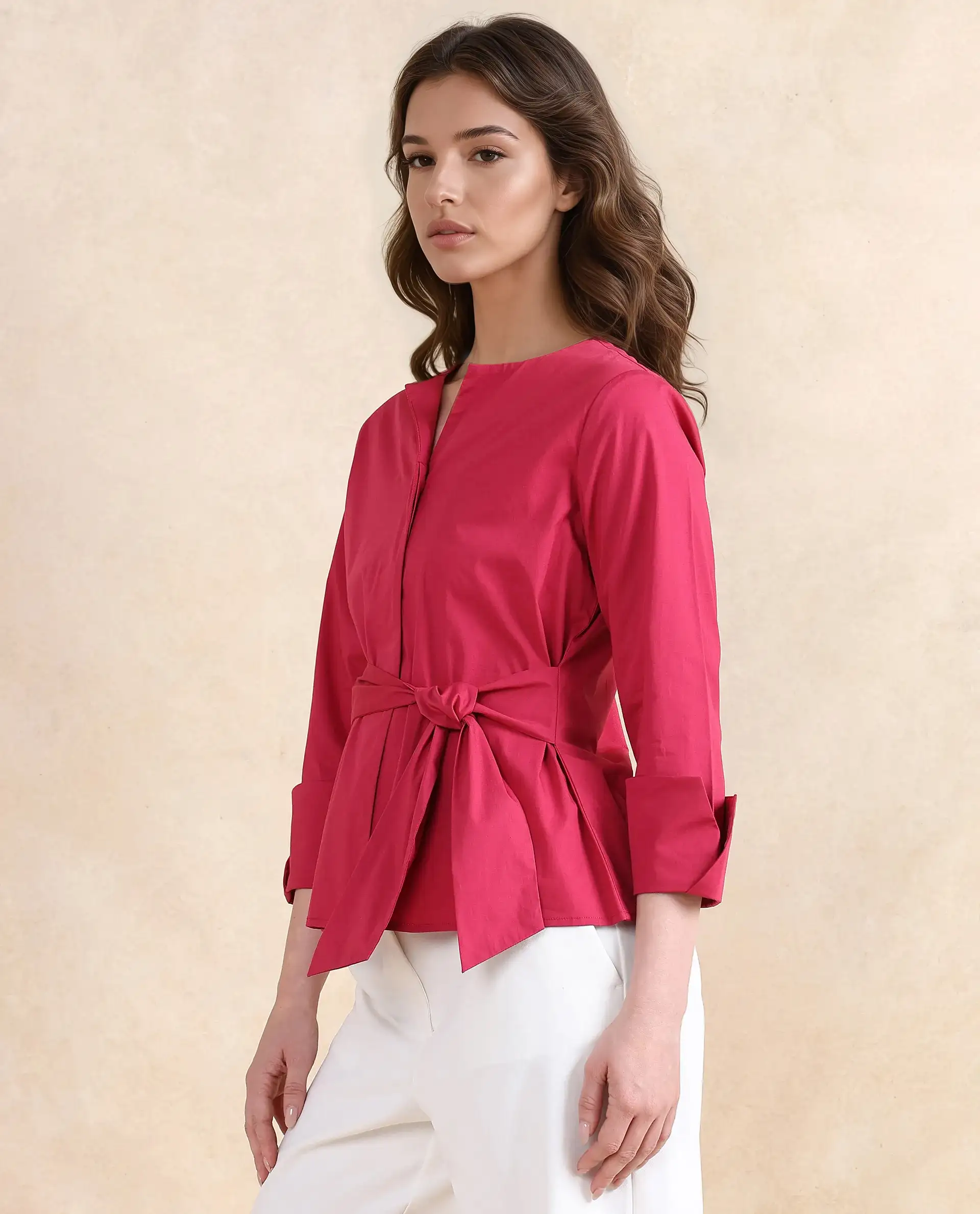 Rareism Women's Medui Dark Pink Cotton Blend Built-Up Neck Plain Regular Fit Top - Image 4