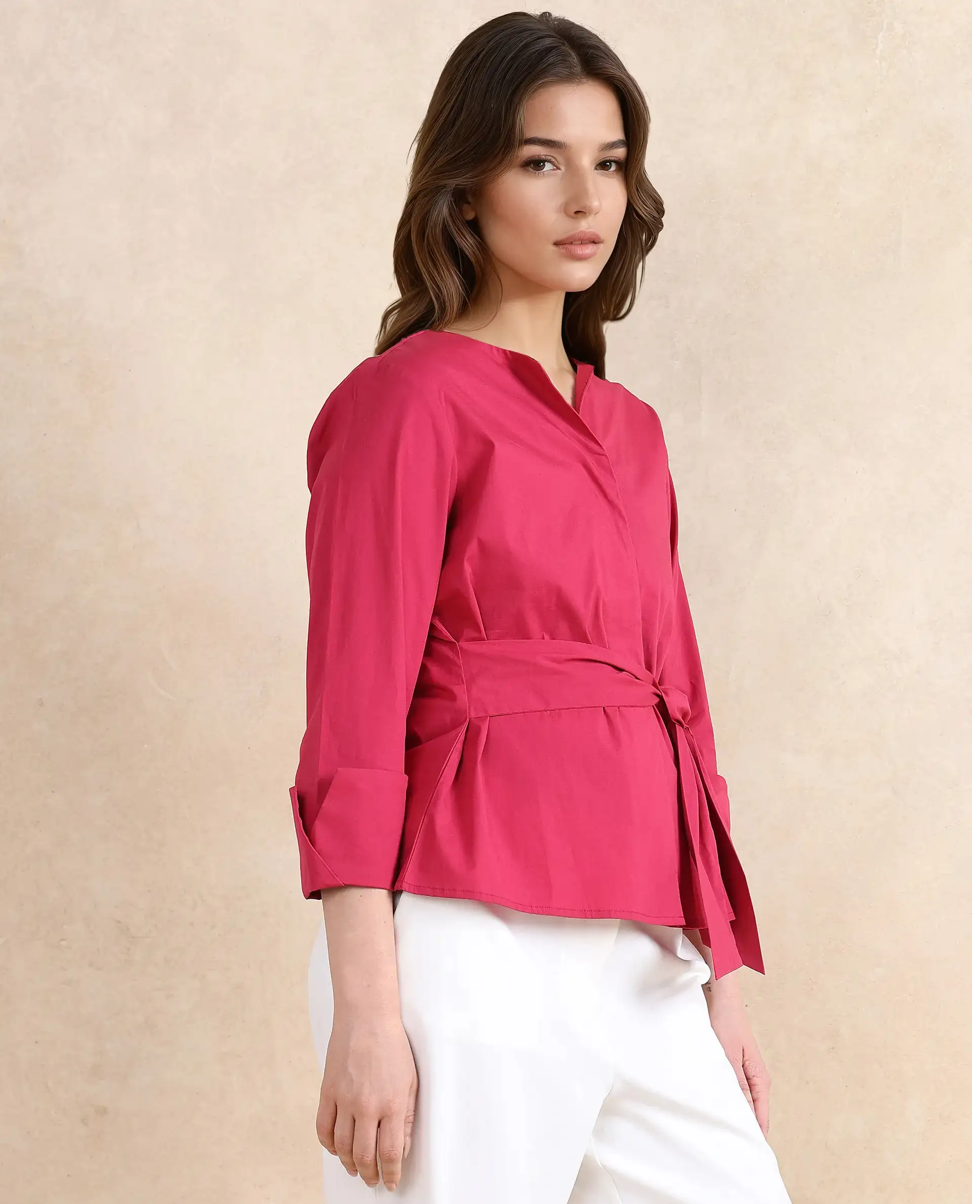 Rareism Women's Medui Dark Pink Cotton Blend Built-Up Neck Plain Regular Fit Top - Image 5