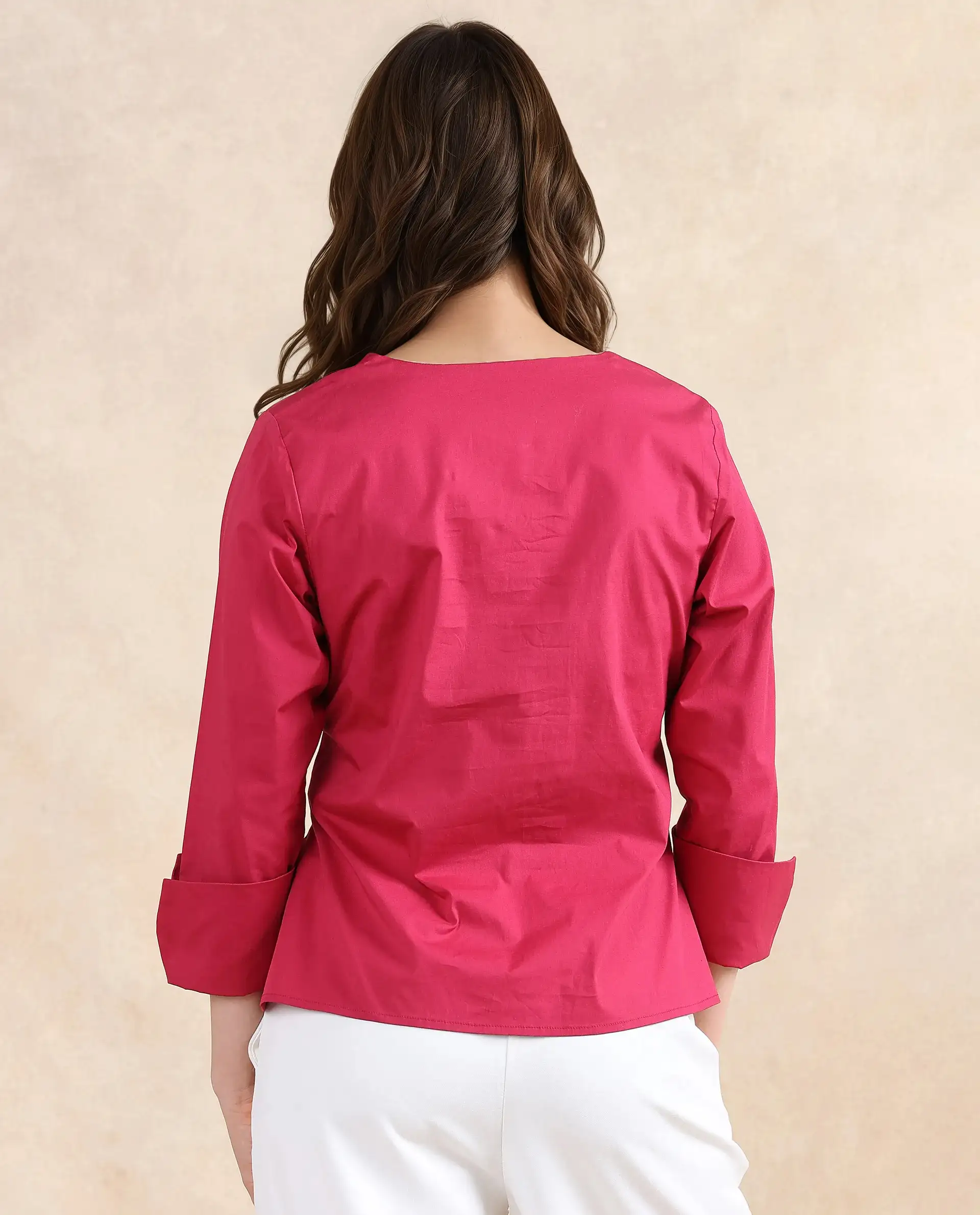 Rareism Women's Medui Dark Pink Cotton Blend Built-Up Neck Plain Regular Fit Top - Image 6