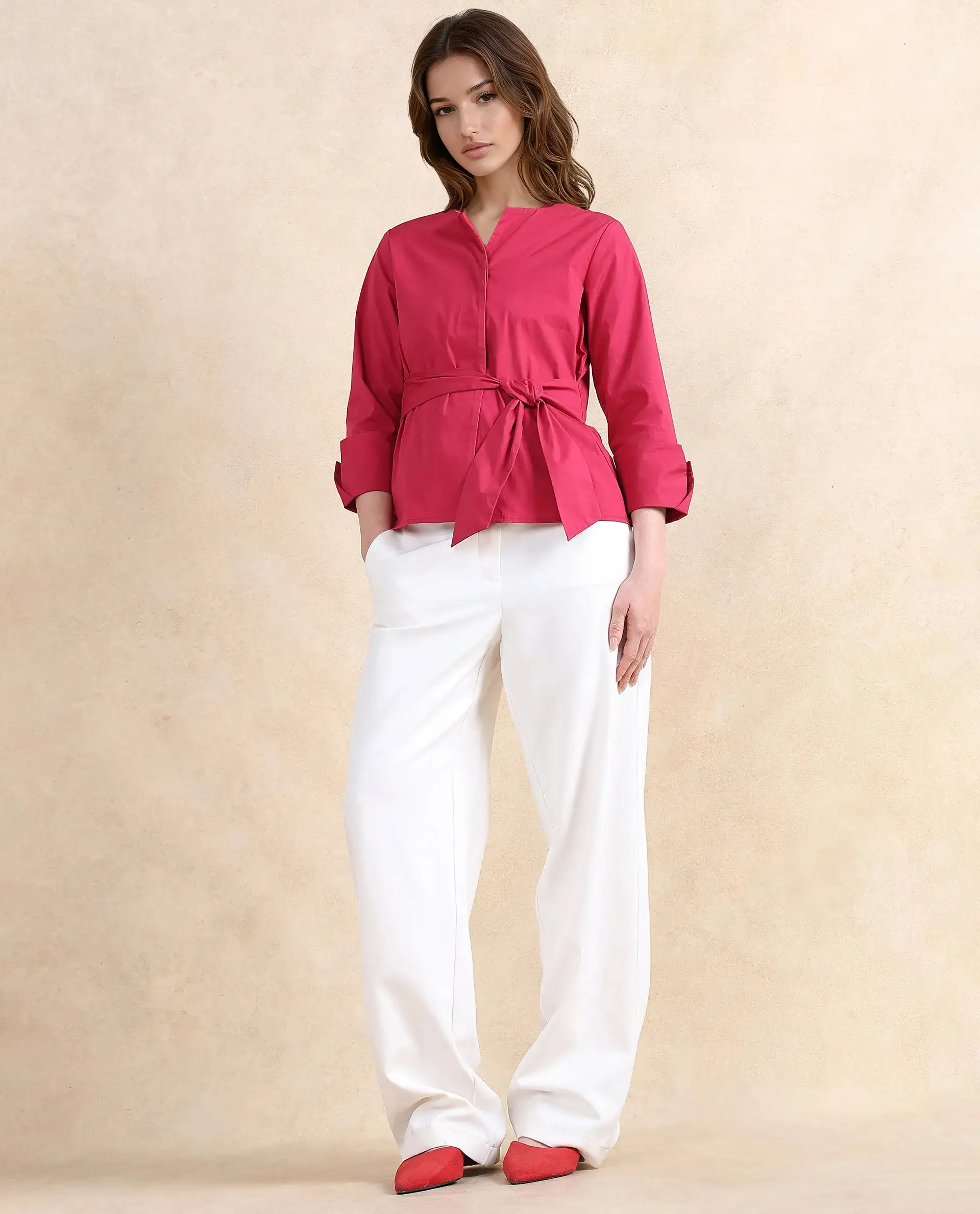 Rareism Women's Medui Dark Pink Cotton Blend Built-Up Neck Plain Regular Fit Top - Image 7