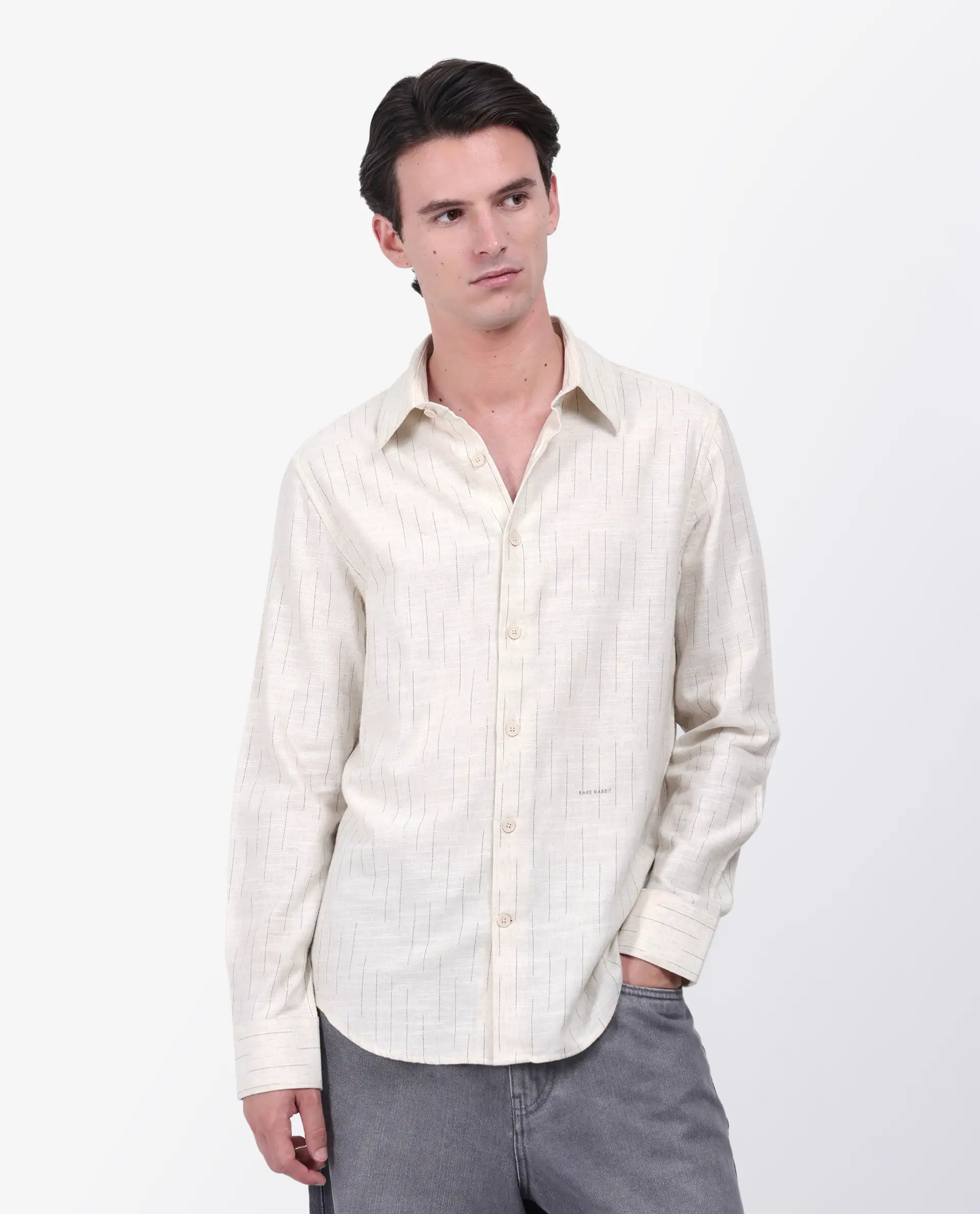Rare Rabbit Men's Meem Beige Cotton Striped Print Regular Fit Full Sleeve Collared Shirt - Image 3