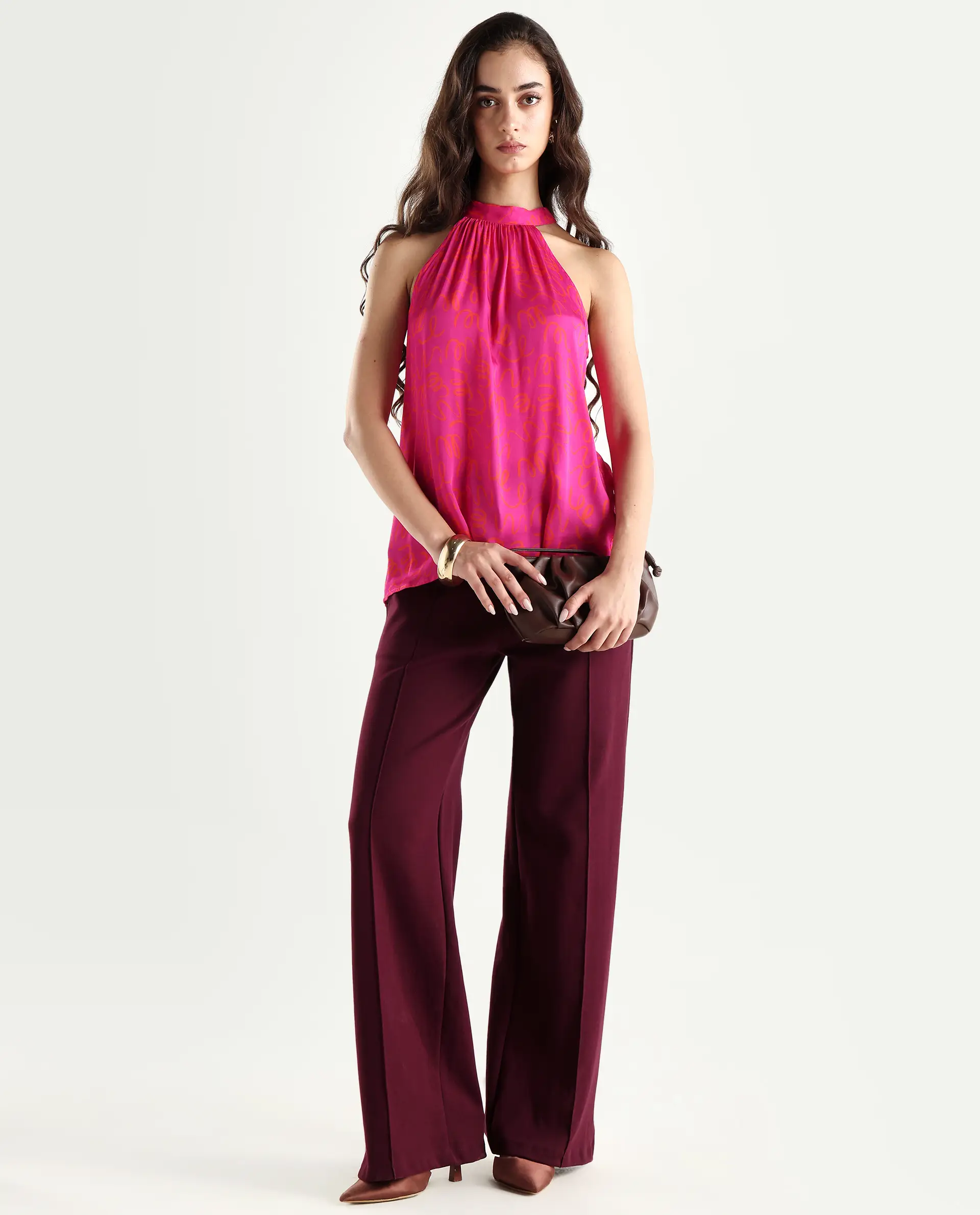 Rareism Women's Meet Pink Halter Neck Printed Sleeveless Knee Length Tailored Top - Image 2