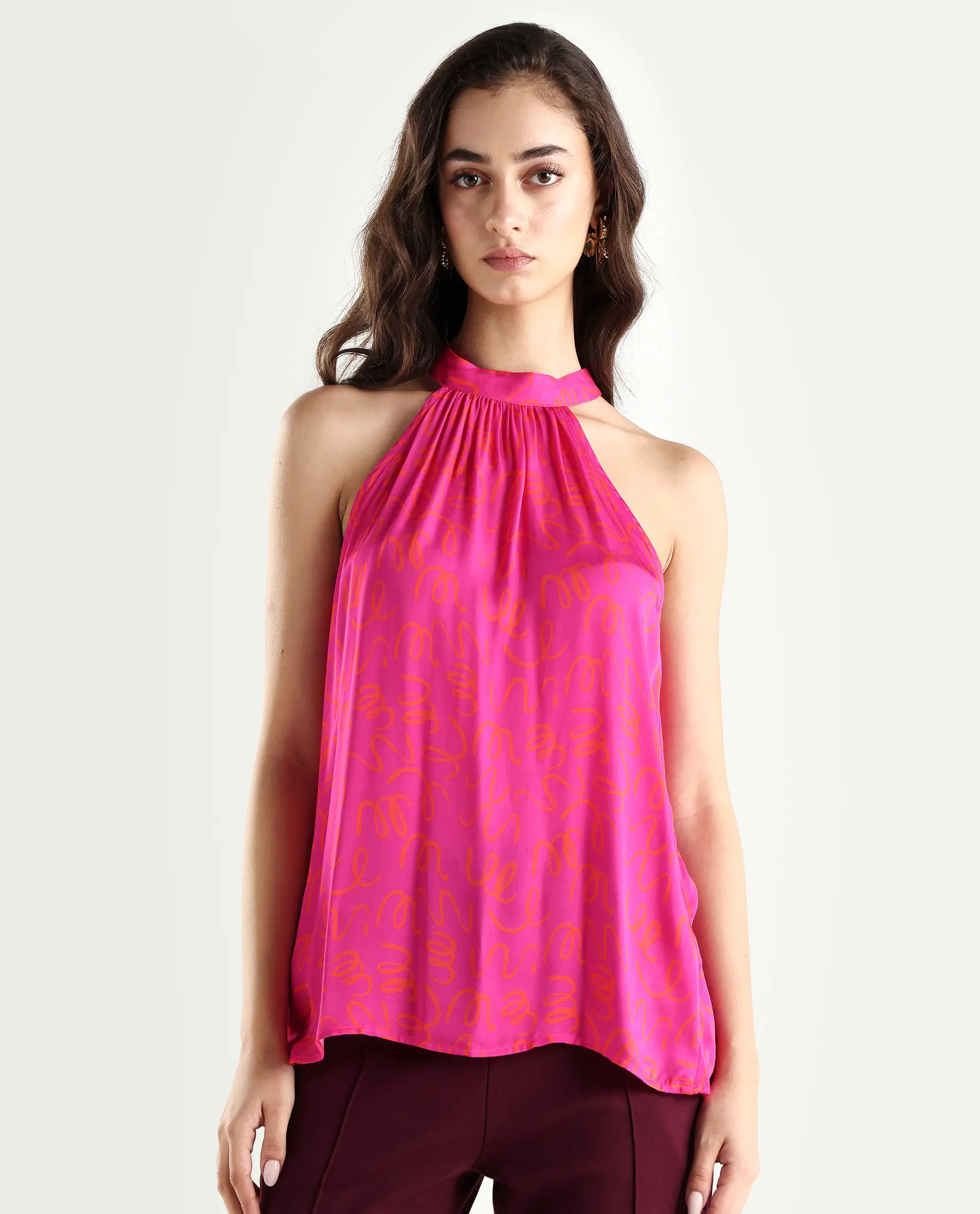 Rareism Women's Meet Pink Halter Neck Printed Sleeveless Knee Length Tailored Top - Image 3