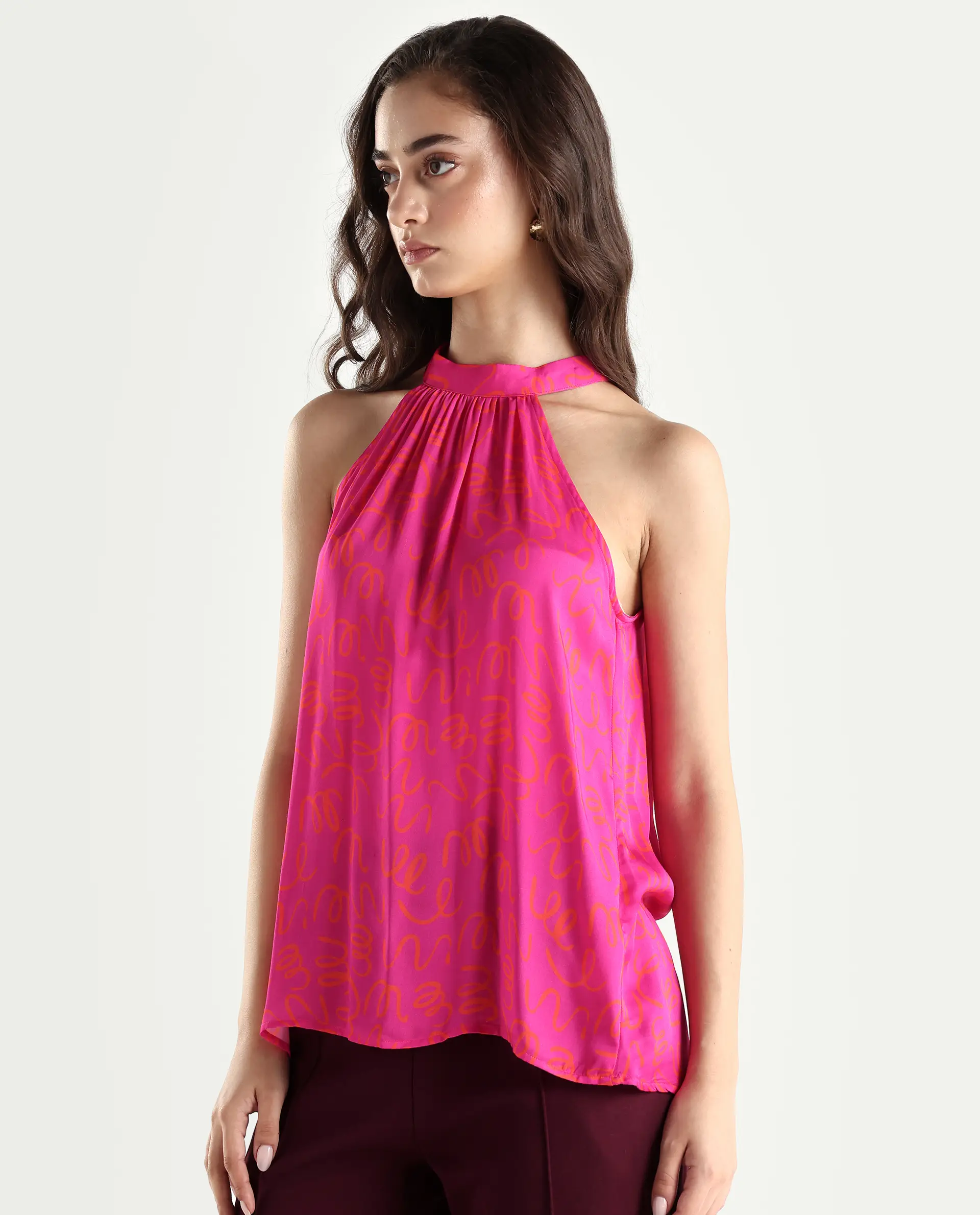 Rareism Women's Meet Pink Halter Neck Printed Sleeveless Knee Length Tailored Top - Image 5