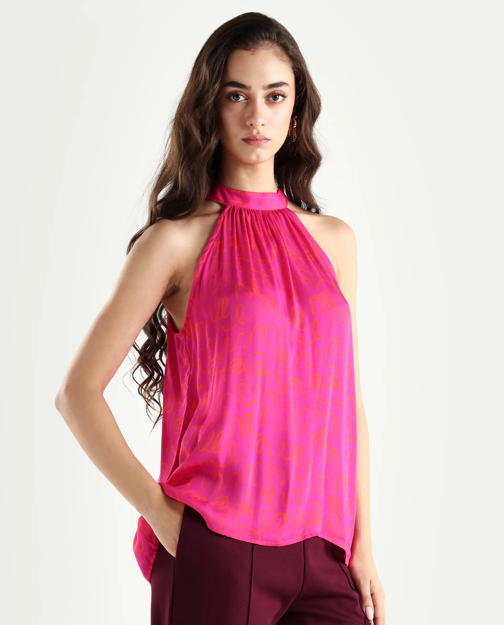 Rareism Women's Meet Pink Halter Neck Printed Sleeveless Knee Length Tailored Top - Image 6
