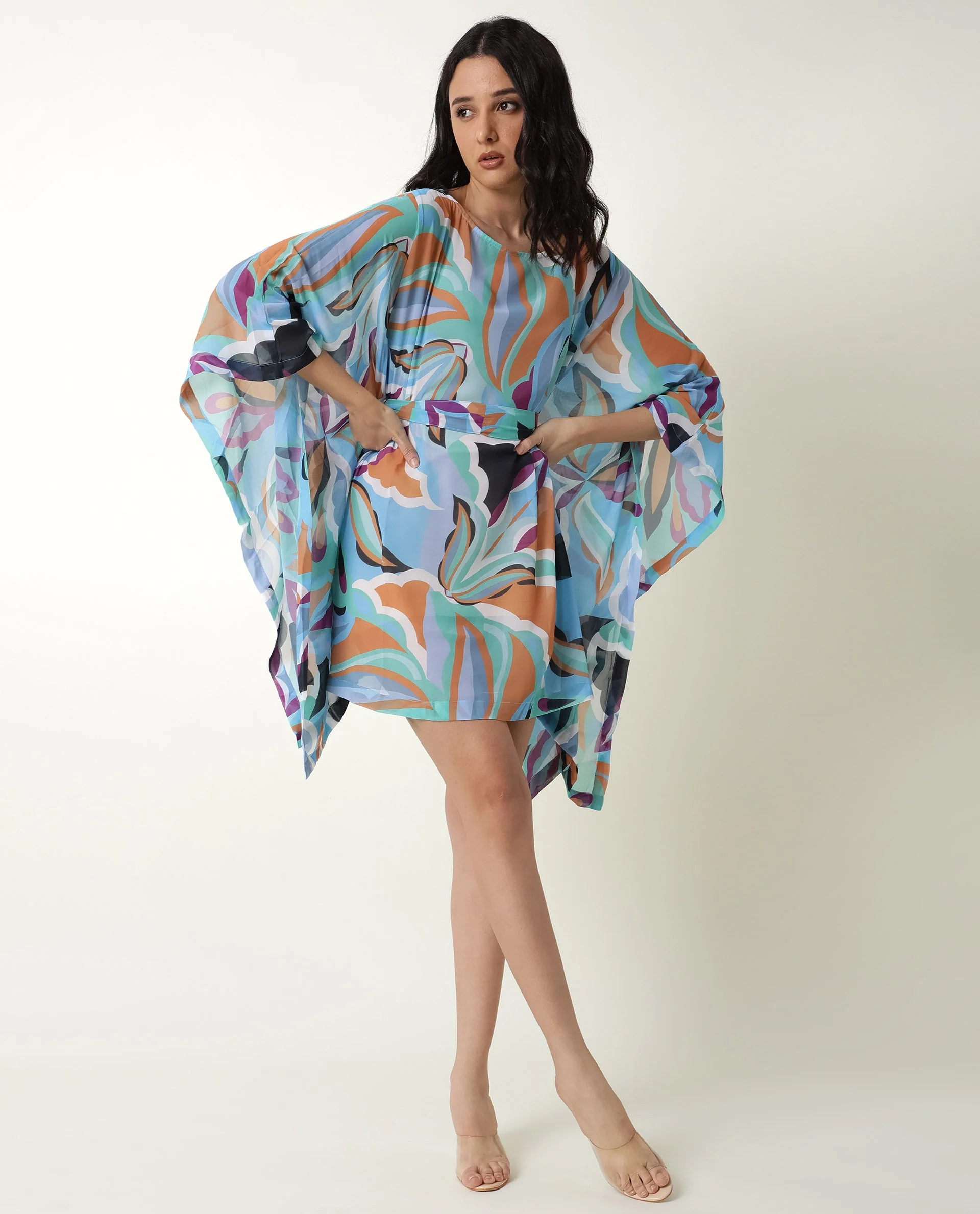 Rareism Women's Meevio Multi Boat Neck Abstract Print Flared Sleeve Knee Length Regular Fit Dress - Image 2