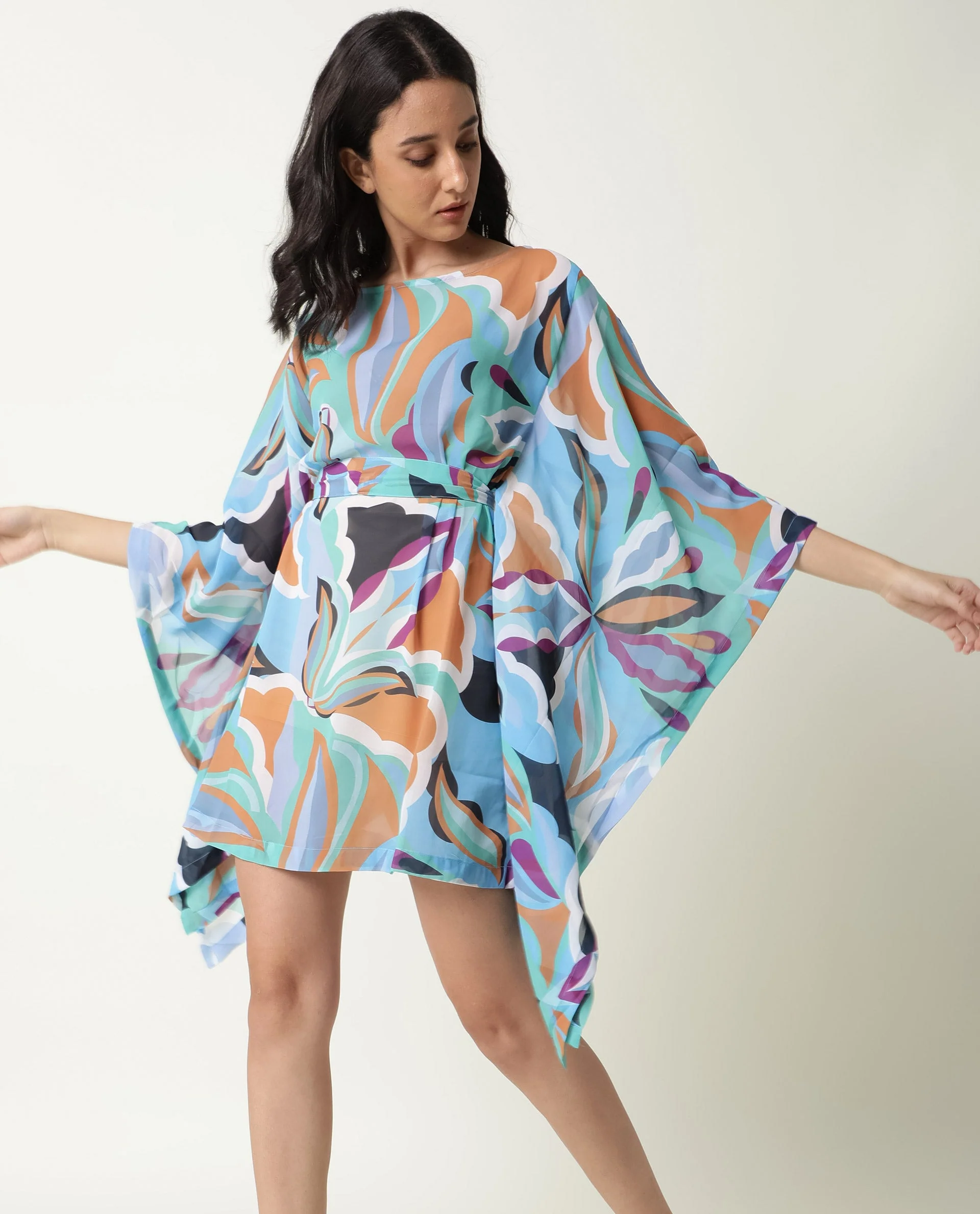 Rareism Women's Meevio Multi Boat Neck Abstract Print Flared Sleeve Knee Length Regular Fit Dress - Image 4