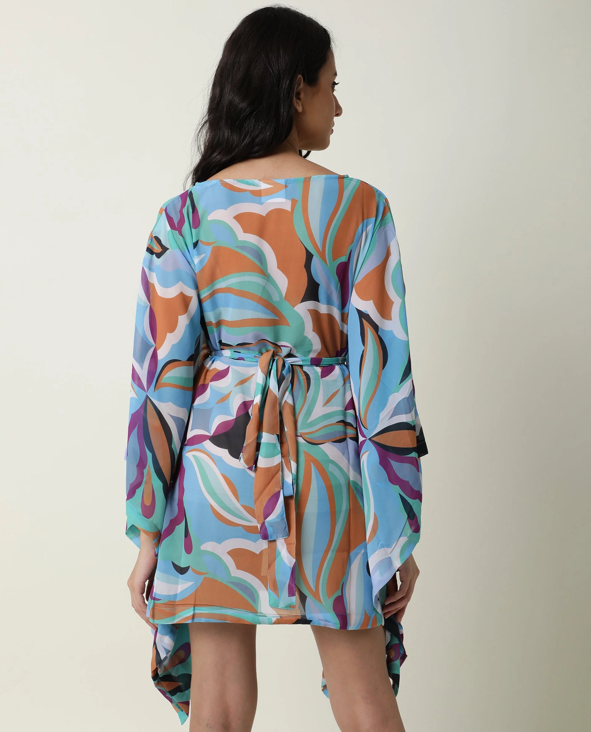 Rareism Women's Meevio Multi Boat Neck Abstract Print Flared Sleeve Knee Length Regular Fit Dress - Image 6