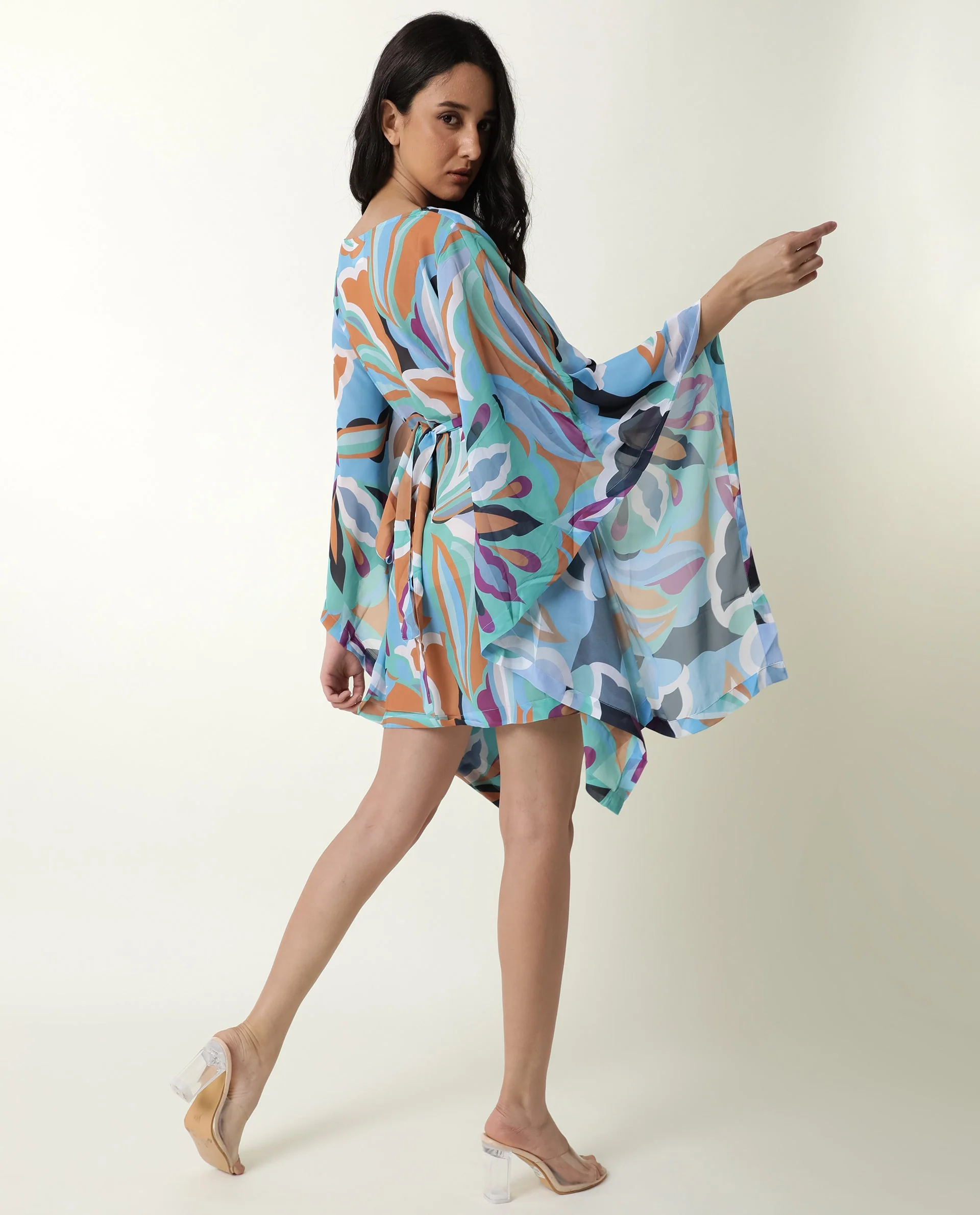 Rareism Women's Meevio Multi Boat Neck Abstract Print Flared Sleeve Knee Length Regular Fit Dress - Image 7