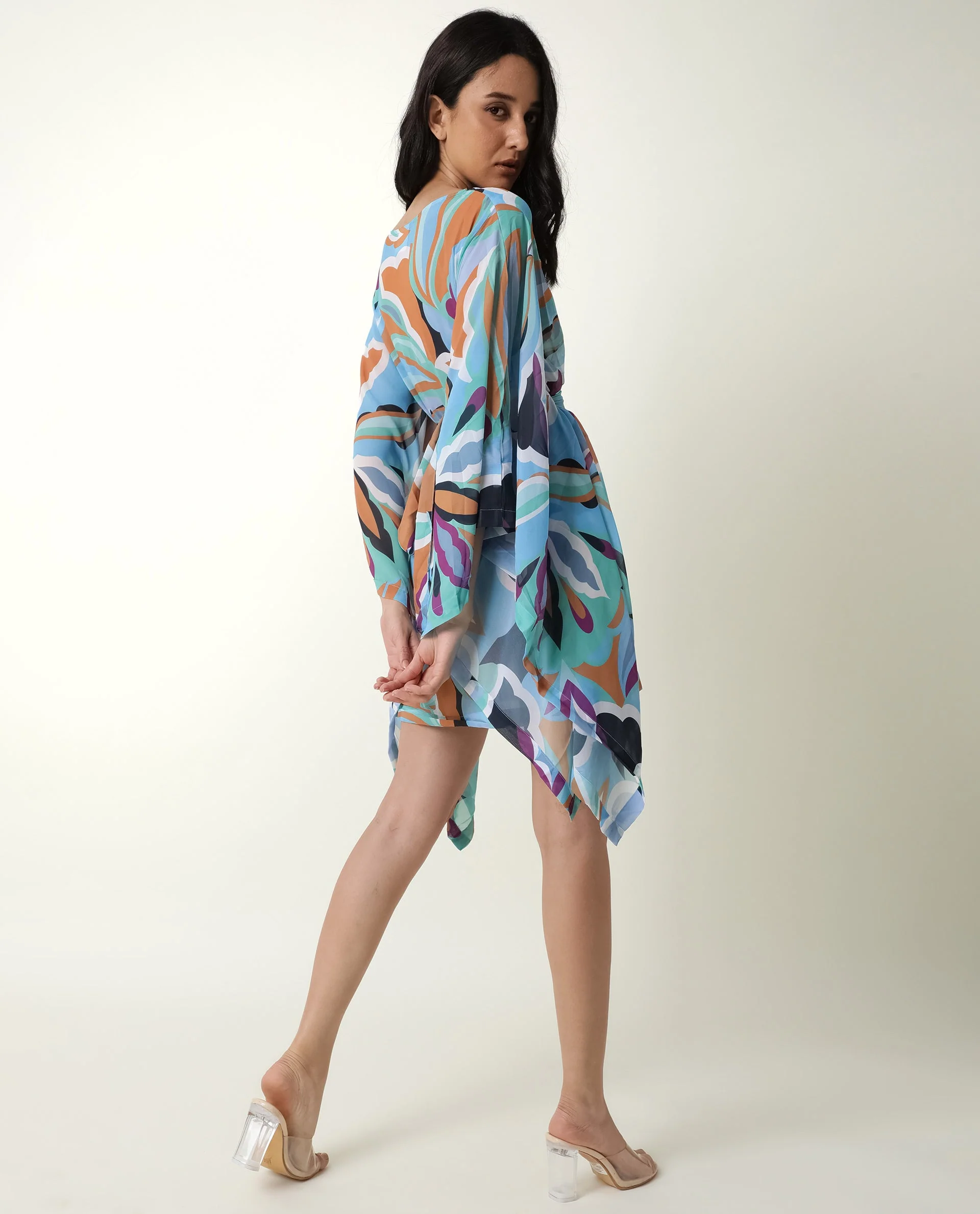 Rareism Women's Meevio Multi Boat Neck Abstract Print Flared Sleeve Knee Length Regular Fit Dress - Image 8