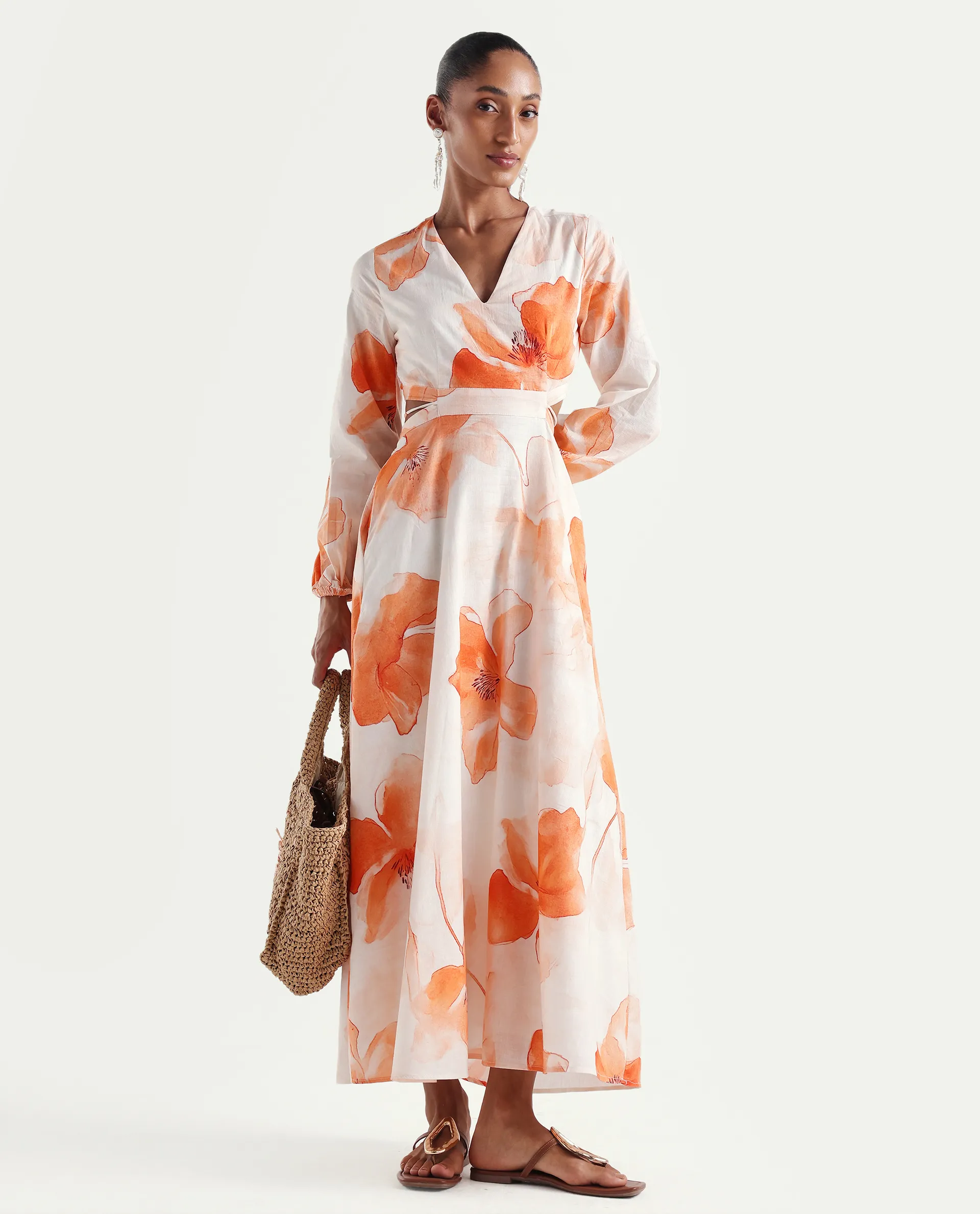 Rareism Women's Mefi Multi Cotton Full Sleeve V-Neck Fit And Flare Floral Print Dress - Image 4