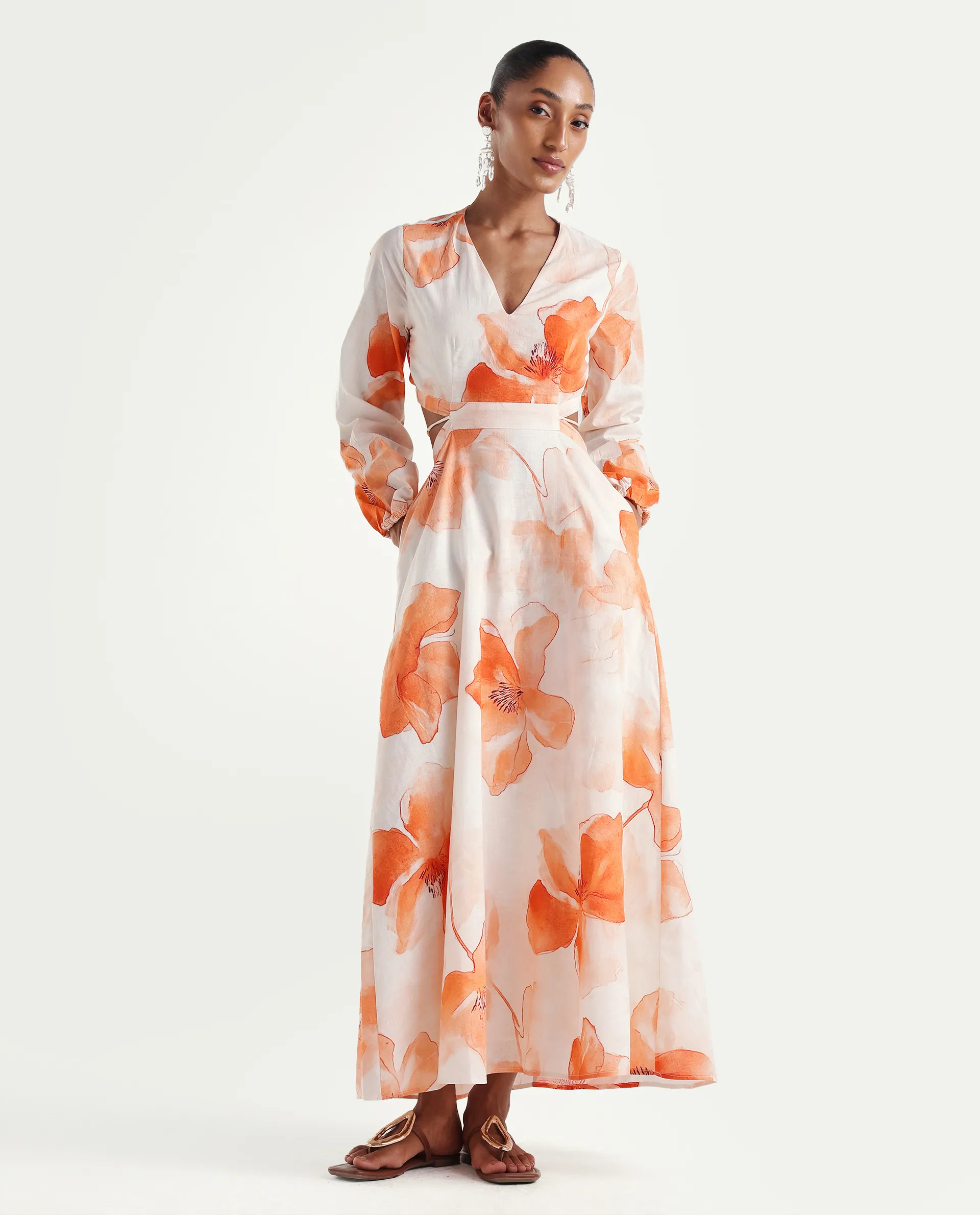 Rareism Women's Mefi Multi Cotton Full Sleeve V-Neck Fit And Flare Floral Print Dress - Image 6