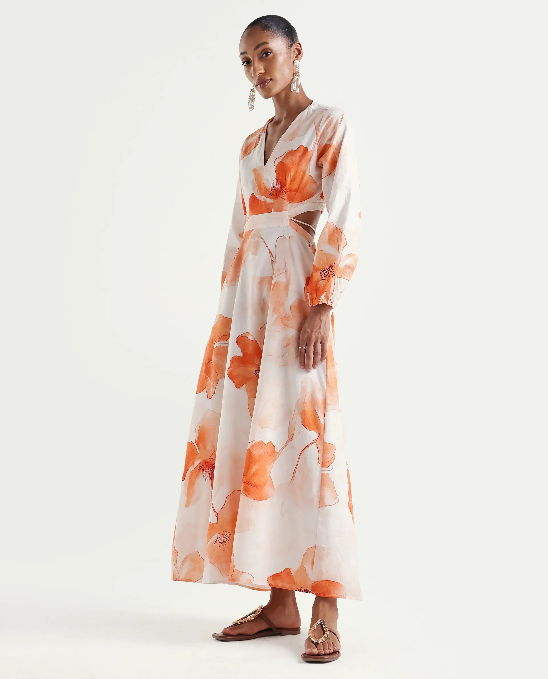 Rareism Women's Mefi Multi Cotton Full Sleeve V-Neck Fit And Flare Floral Print Dress - Image 7