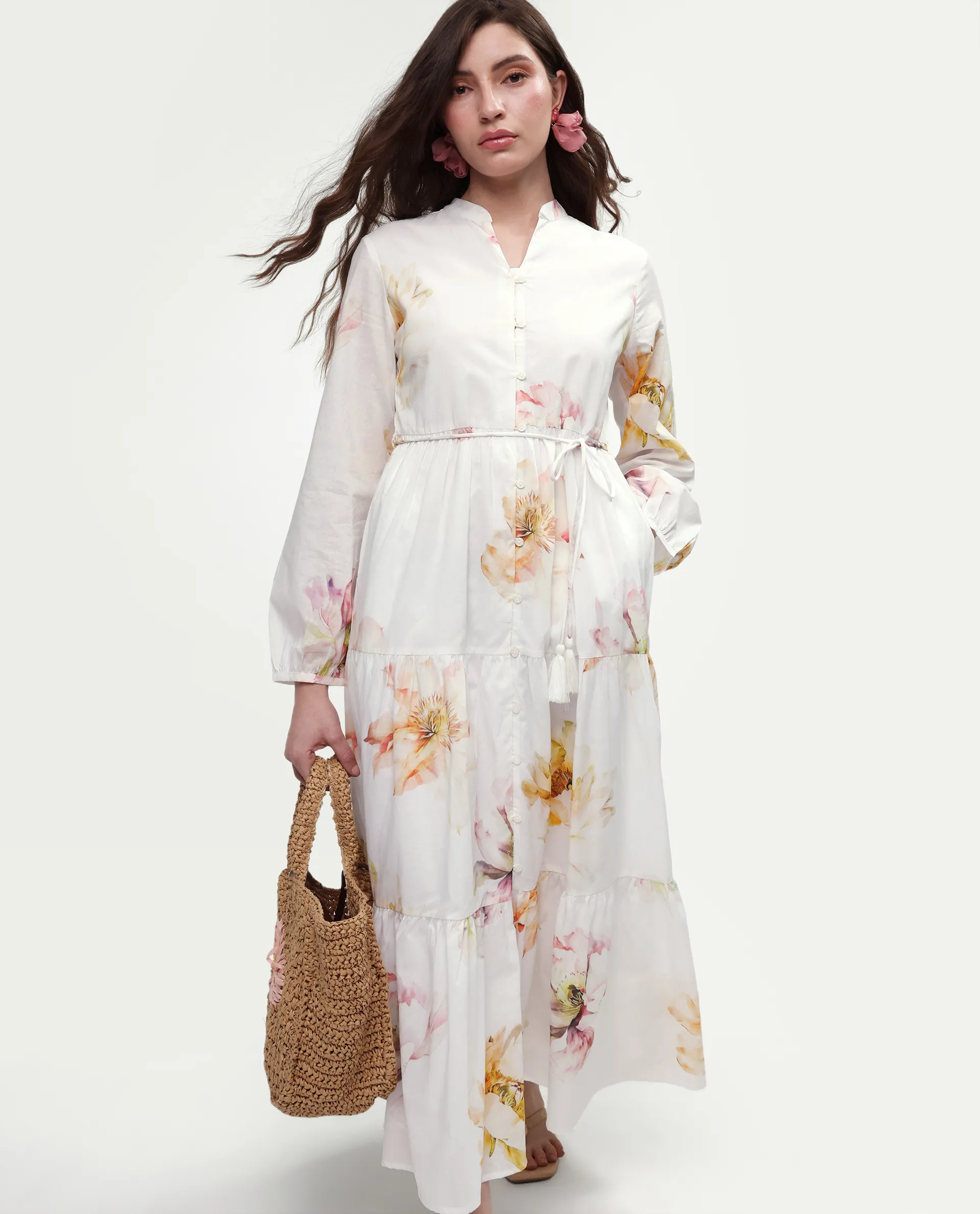 Rareism Women's Mehik Off White Cotton Full Sleeve Mandarin Collar Tiered Floral Print Dress - Image 2