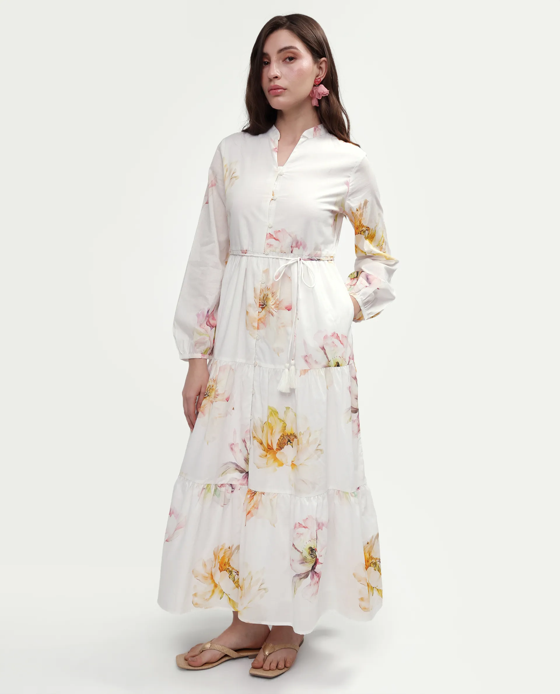 Rareism Women's Mehik Off White Cotton Full Sleeve Mandarin Collar Tiered Floral Print Dress - Image 3