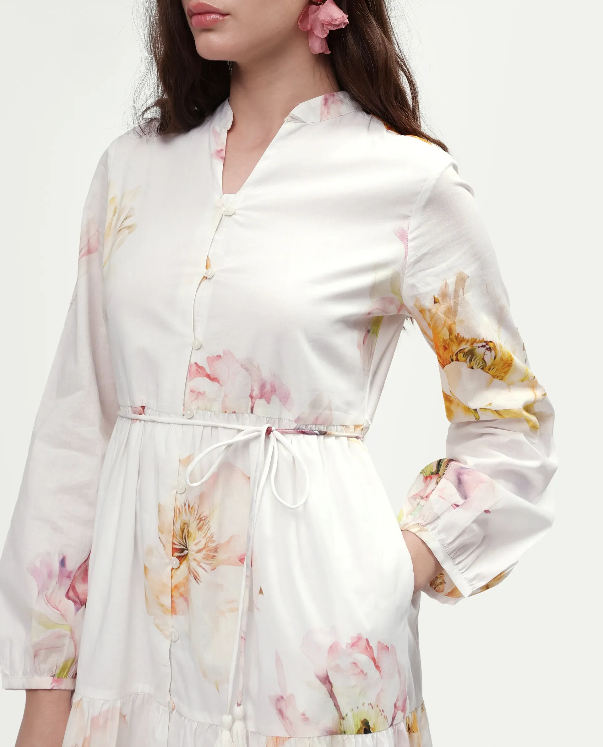 Rareism Women's Mehik Off White Cotton Full Sleeve Mandarin Collar Tiered Floral Print Dress - Image 4