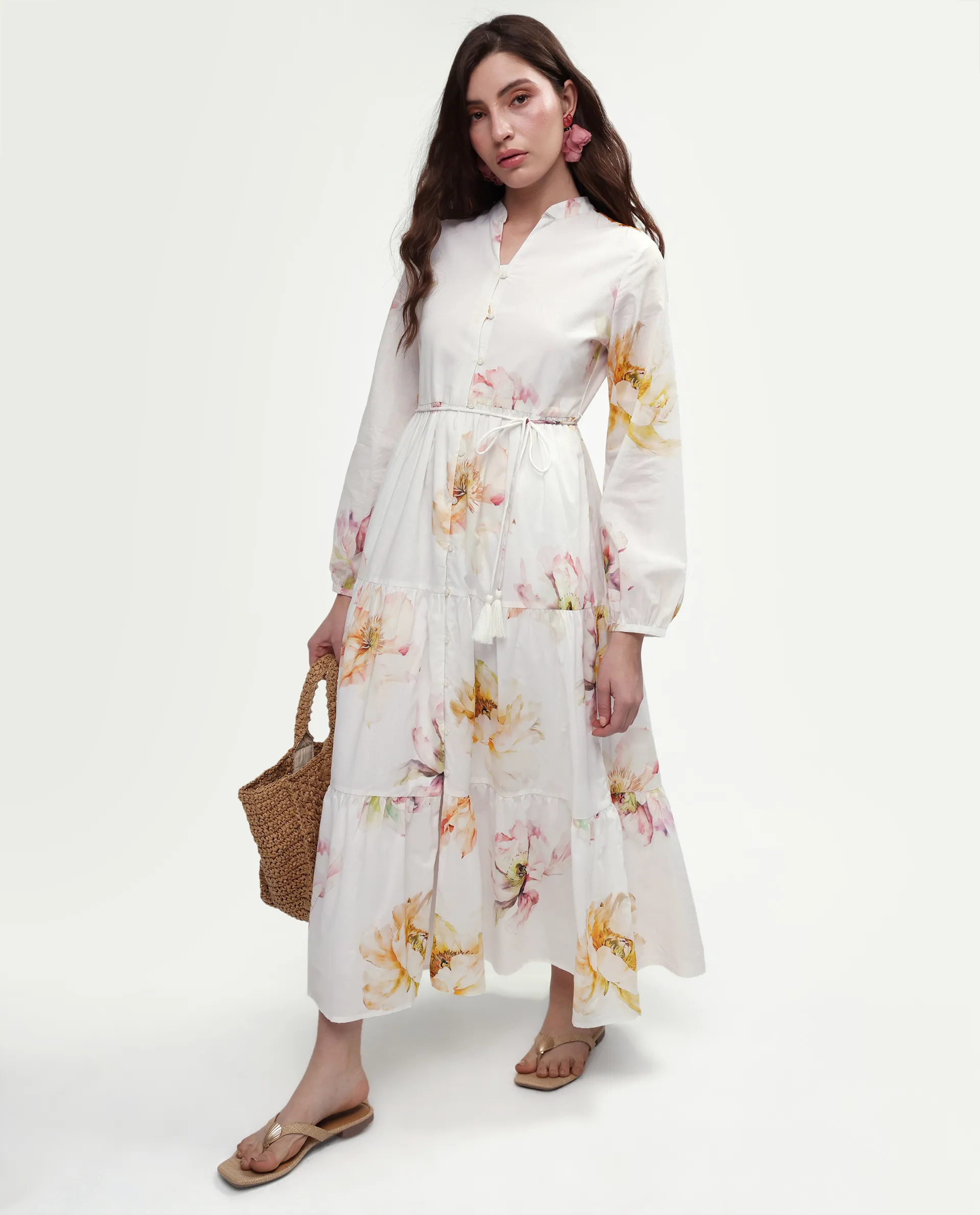Rareism Women's Mehik Off White Cotton Full Sleeve Mandarin Collar Tiered Floral Print Dress - Image 5