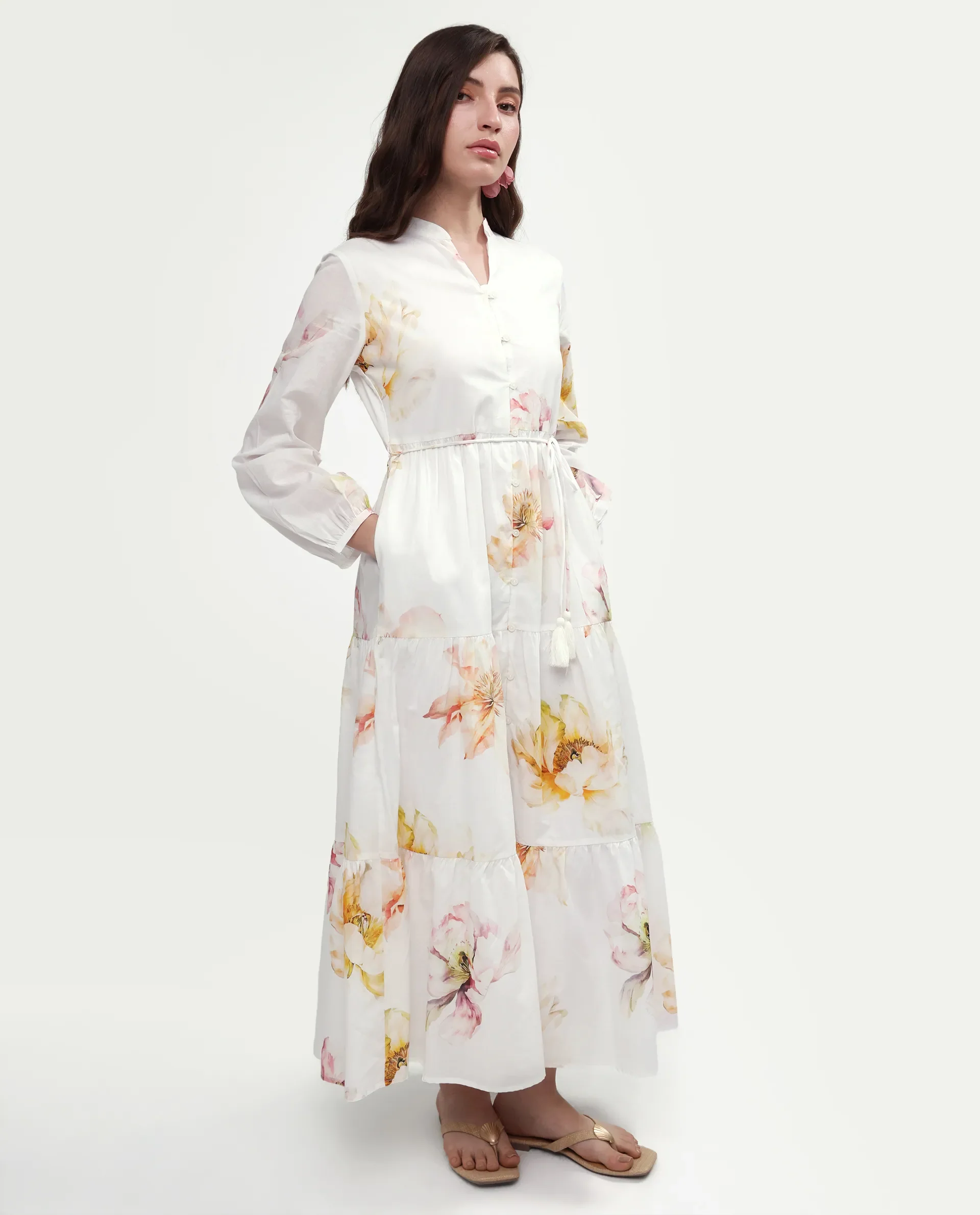 Rareism Women's Mehik Off White Cotton Full Sleeve Mandarin Collar Tiered Floral Print Dress - Image 6