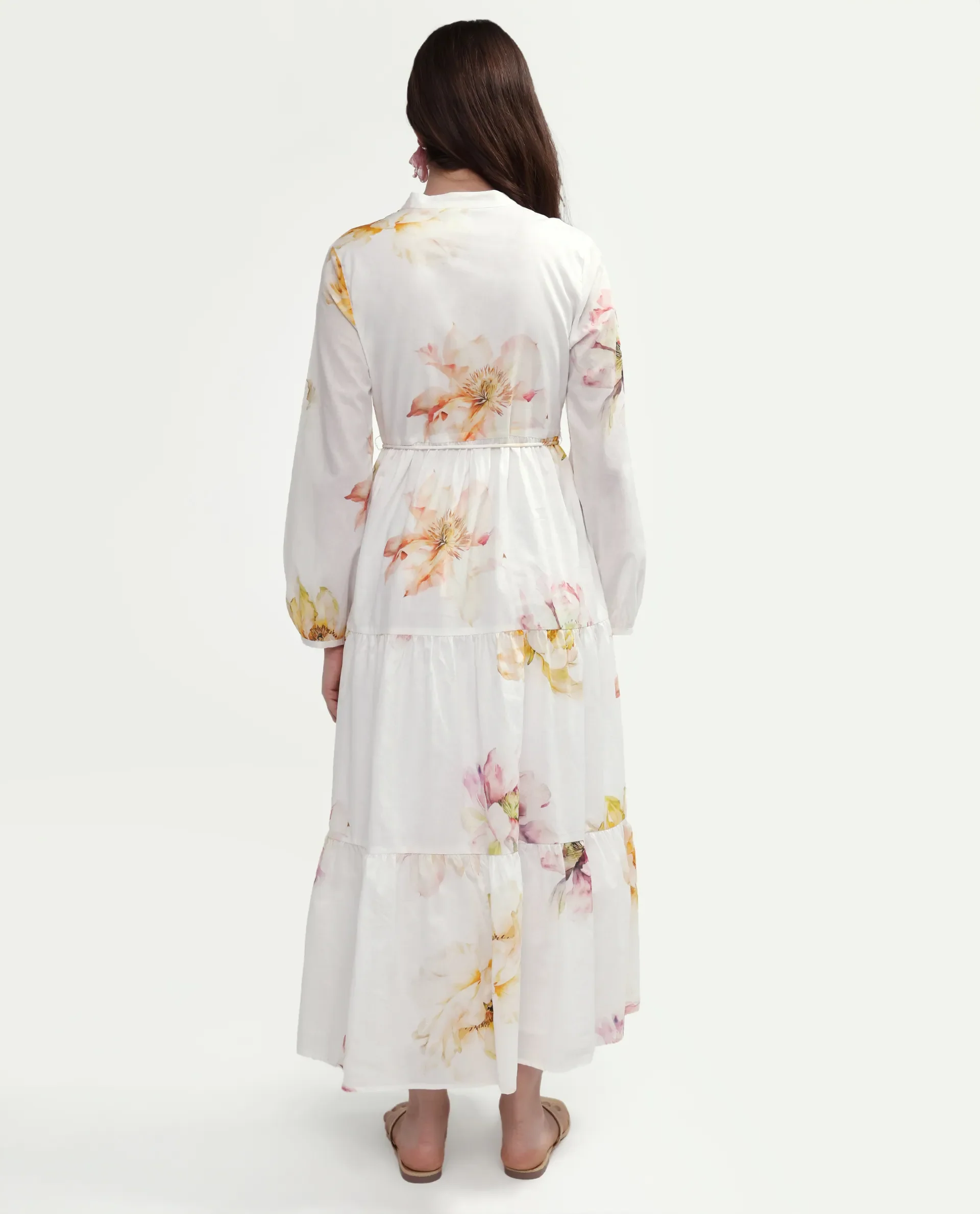 Rareism Women's Mehik Off White Cotton Full Sleeve Mandarin Collar Tiered Floral Print Dress - Image 7