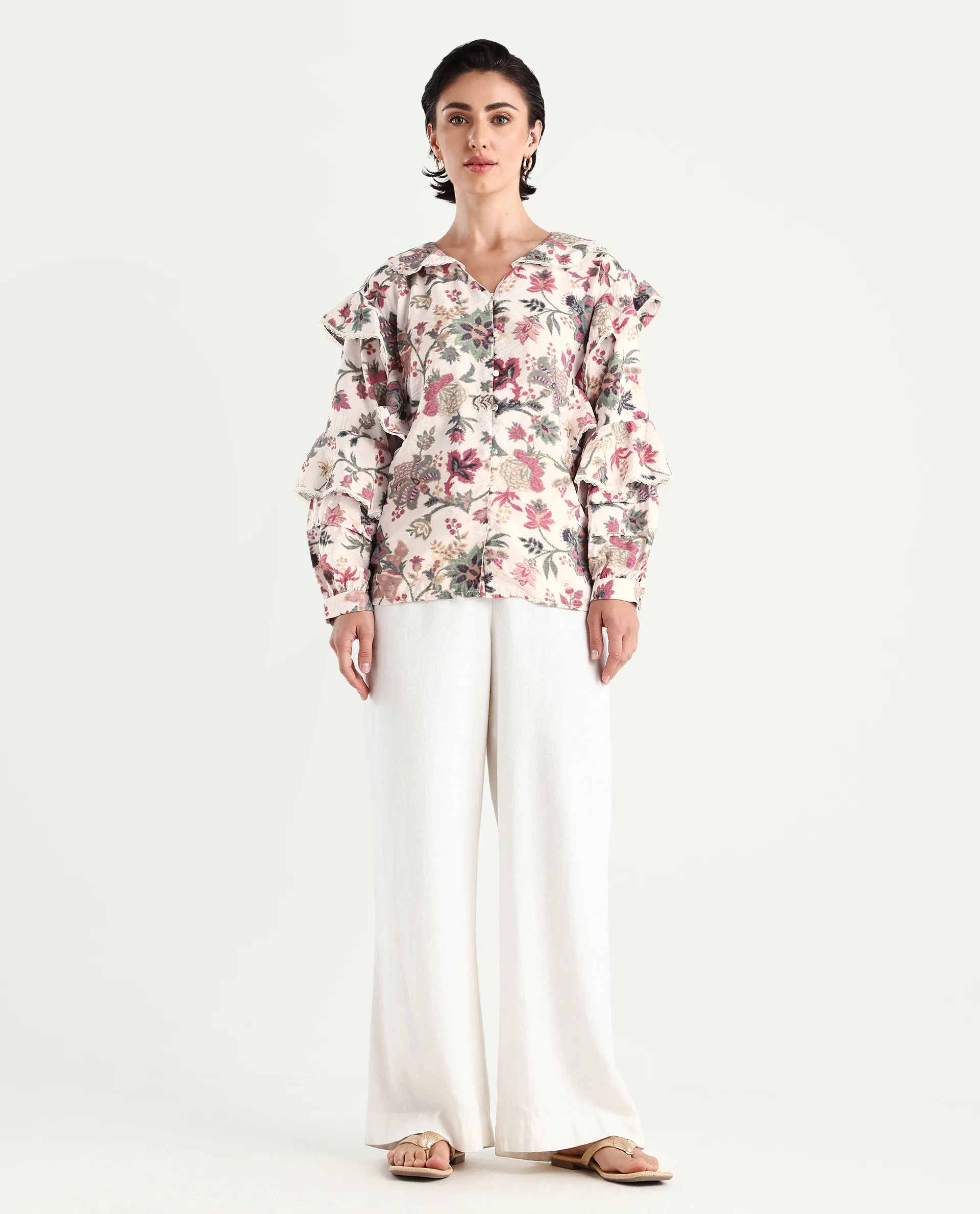 Rareism Women's Mei-T Multi Nylon Blend Peter Pan Collar Floral Print Bishop Sleeve Regular Fit Shirt - Image 2