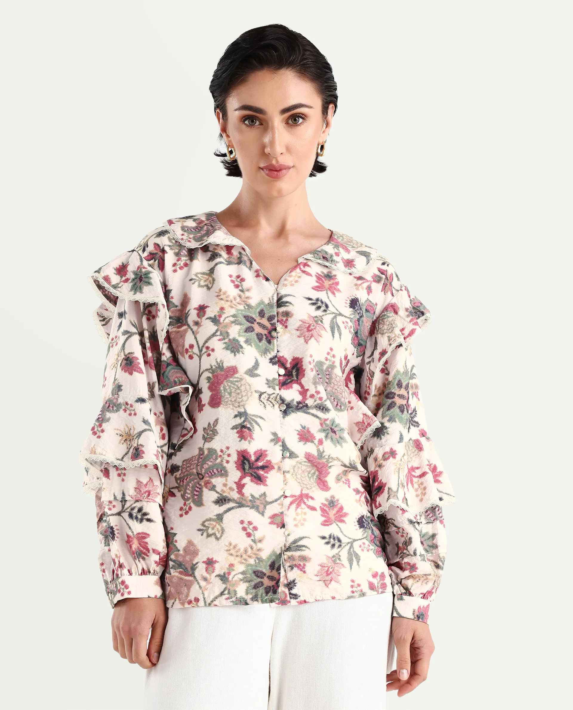 Rareism Women's Mei-T Multi Nylon Blend Peter Pan Collar Floral Print Bishop Sleeve Regular Fit Shirt - Image 3