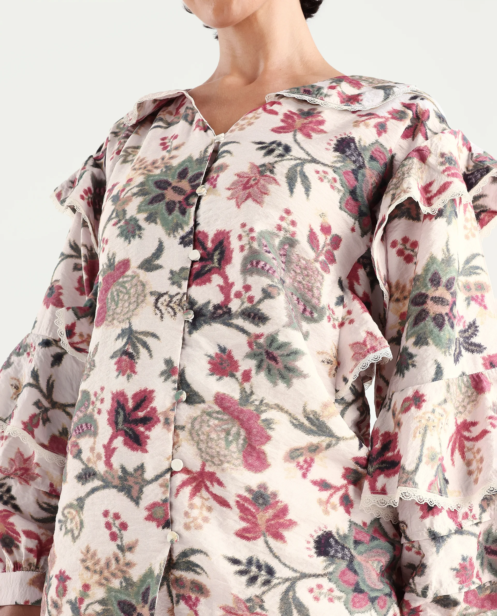 Rareism Women's Mei-T Multi Nylon Blend Peter Pan Collar Floral Print Bishop Sleeve Regular Fit Shirt - Image 4