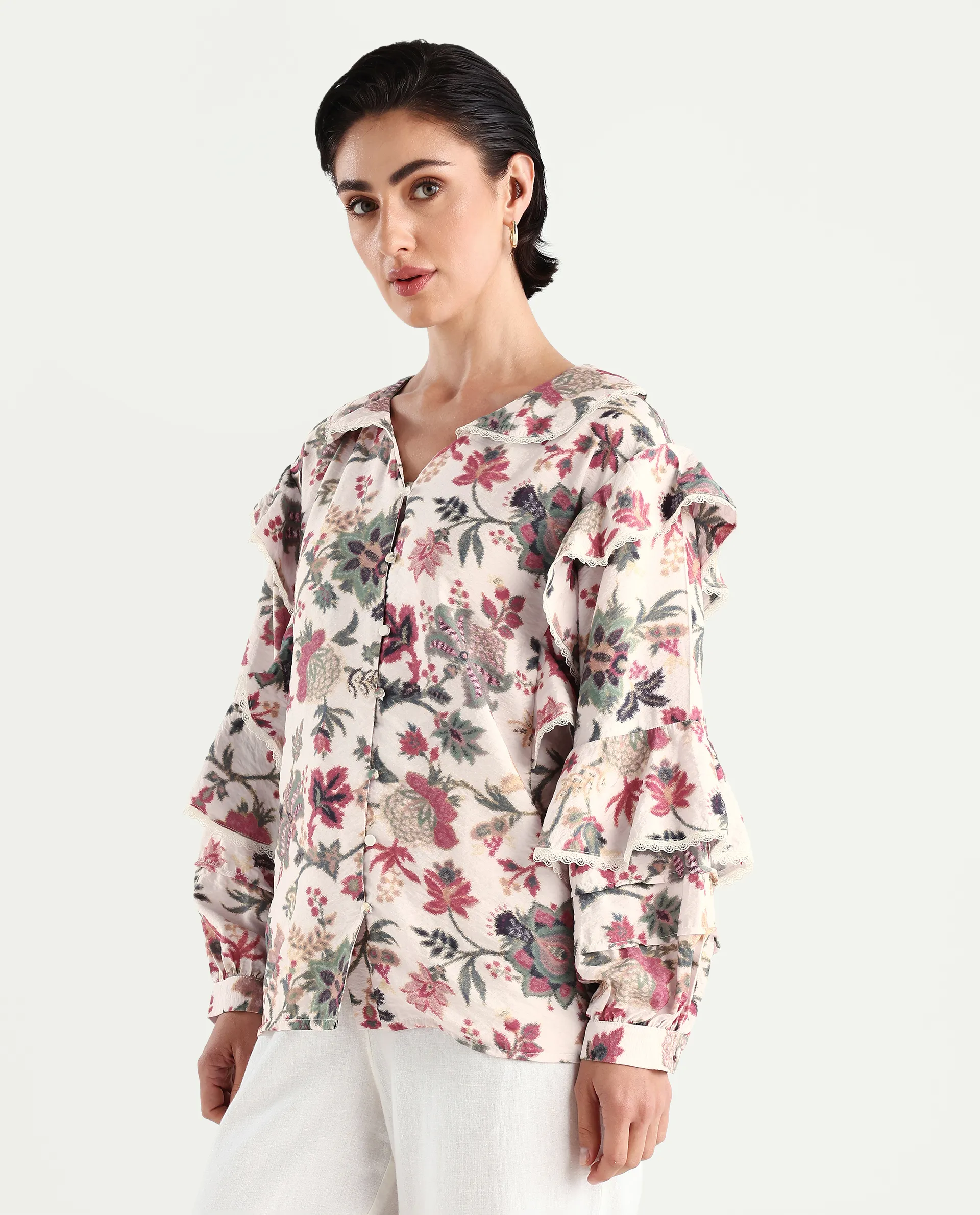 Rareism Women's Mei-T Multi Nylon Blend Peter Pan Collar Floral Print Bishop Sleeve Regular Fit Shirt - Image 5