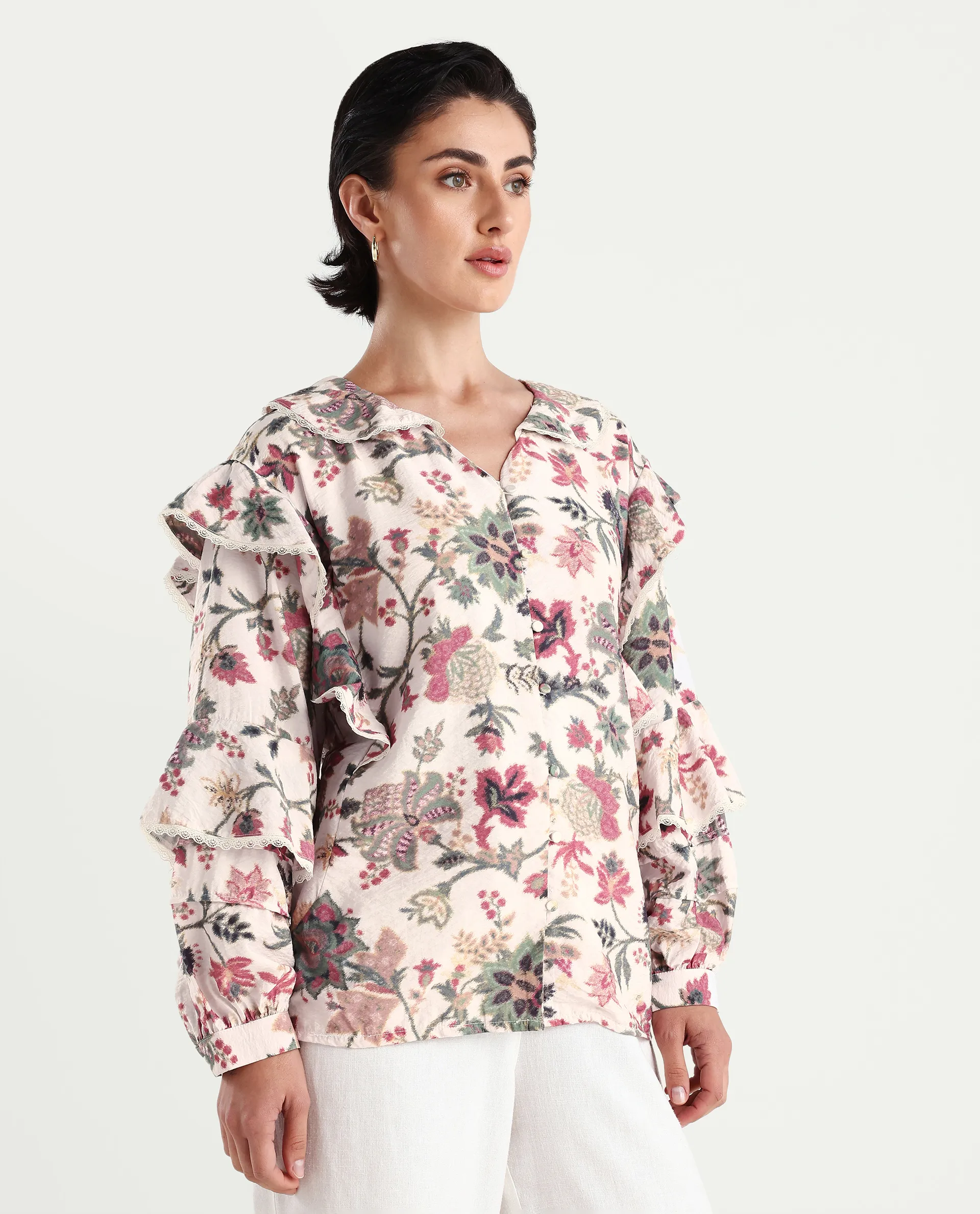 Rareism Women's Mei-T Multi Nylon Blend Peter Pan Collar Floral Print Bishop Sleeve Regular Fit Shirt - Image 6