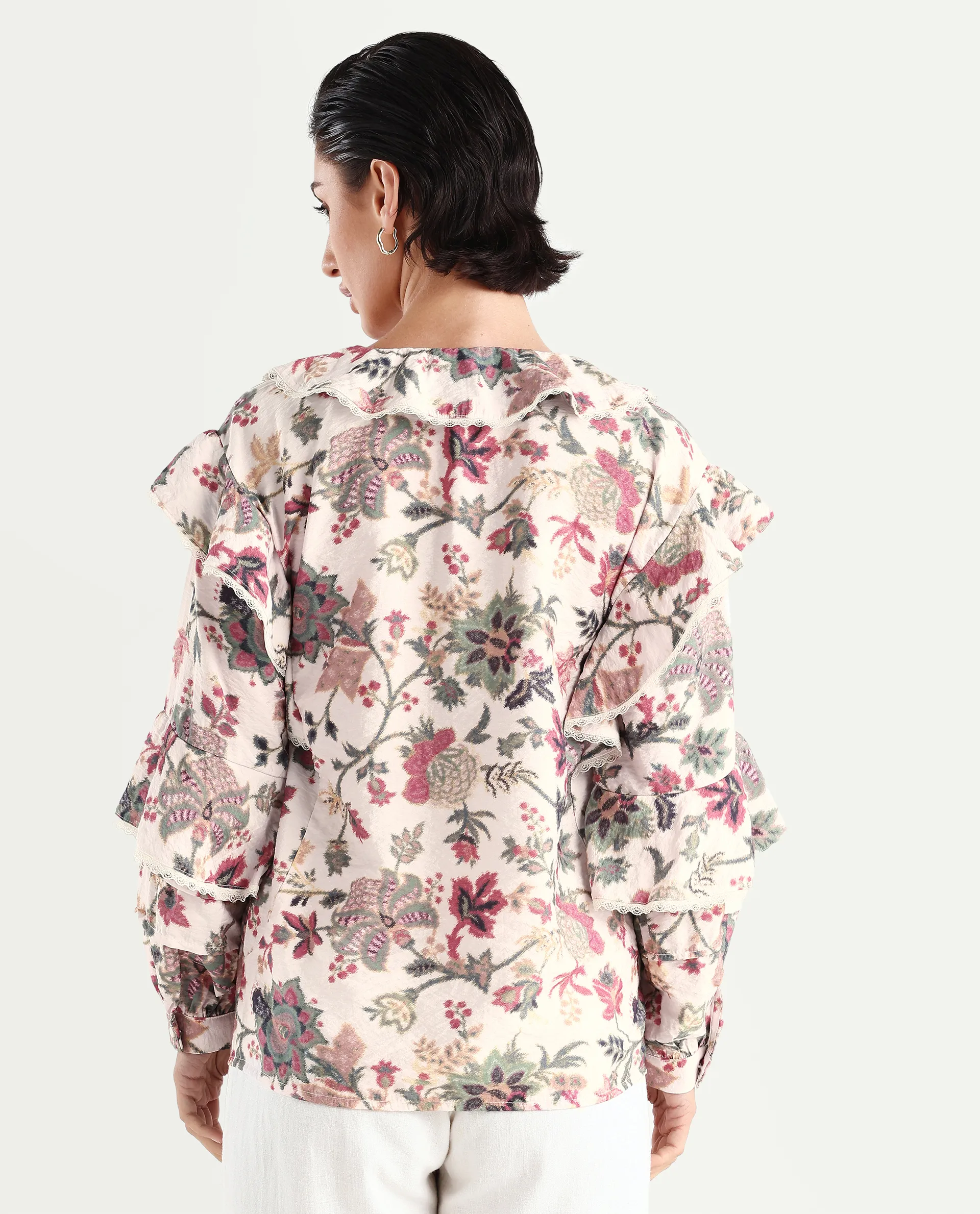 Rareism Women's Mei-T Multi Nylon Blend Peter Pan Collar Floral Print Bishop Sleeve Regular Fit Shirt - Image 7