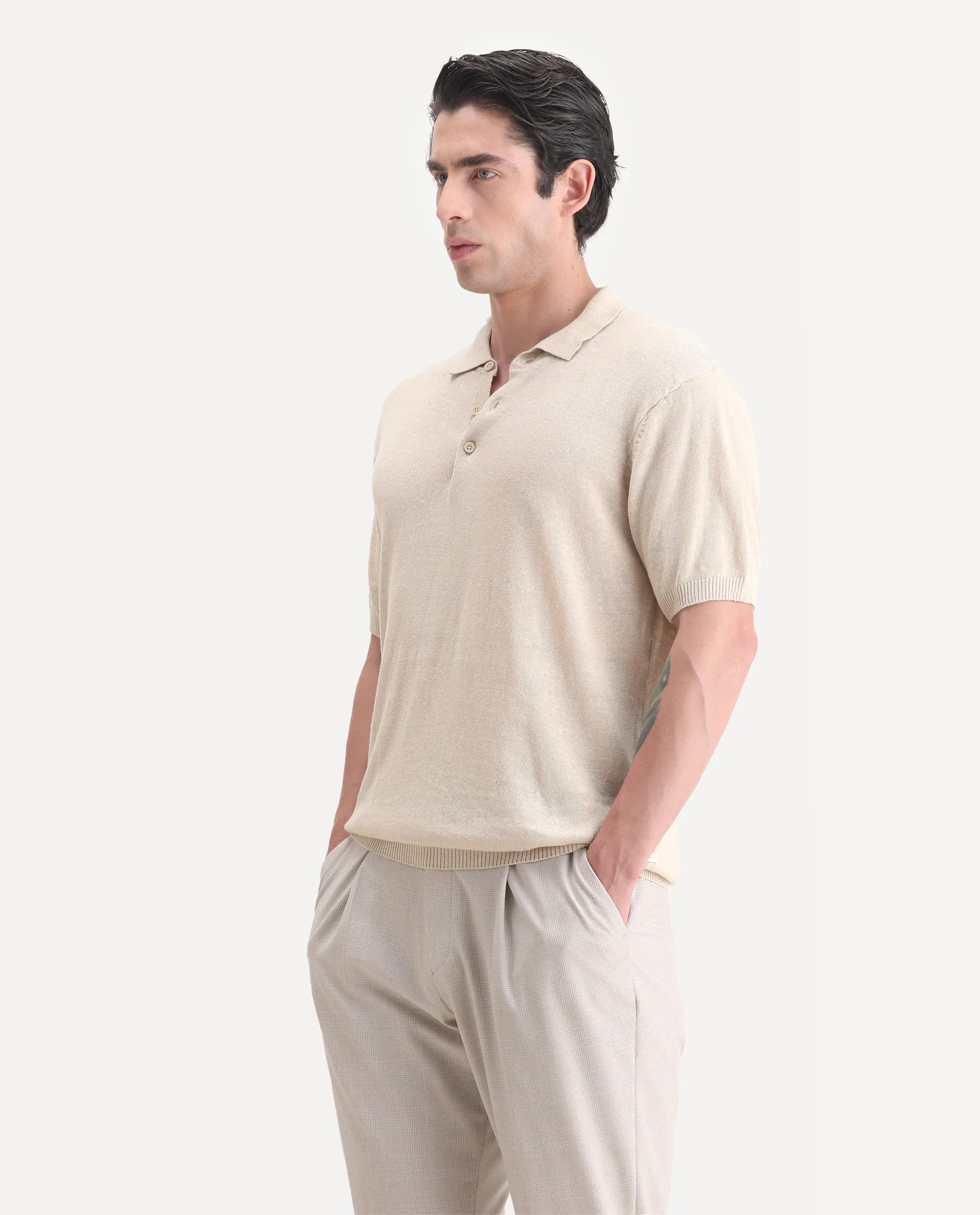 Rare Rabbit Men's Mekko-25 Beige Cotton Blend Plain Regular Fit Half Sleeve Polo - Image 4