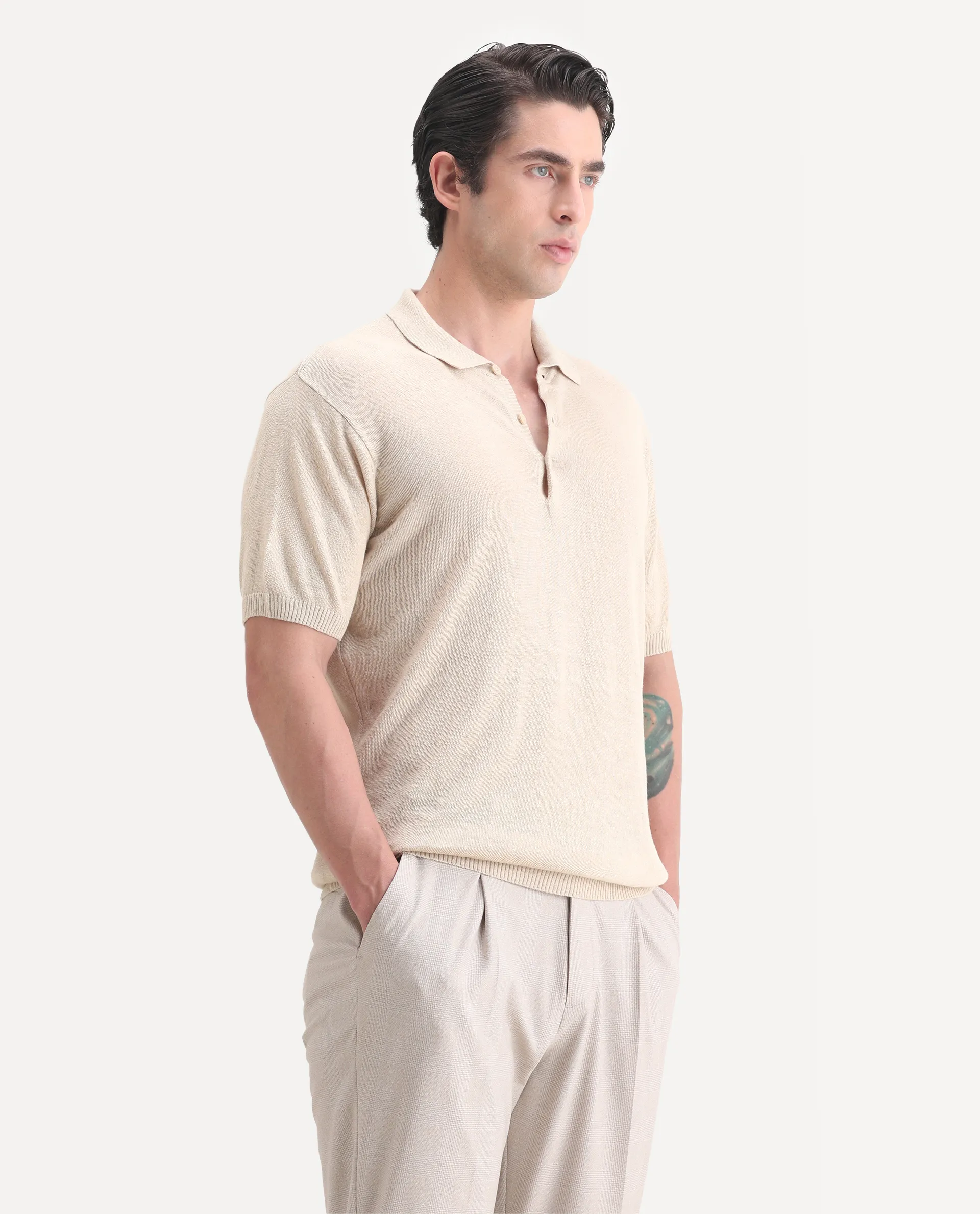 Rare Rabbit Men's Mekko-25 Beige Cotton Blend Plain Regular Fit Half Sleeve Polo - Image 5