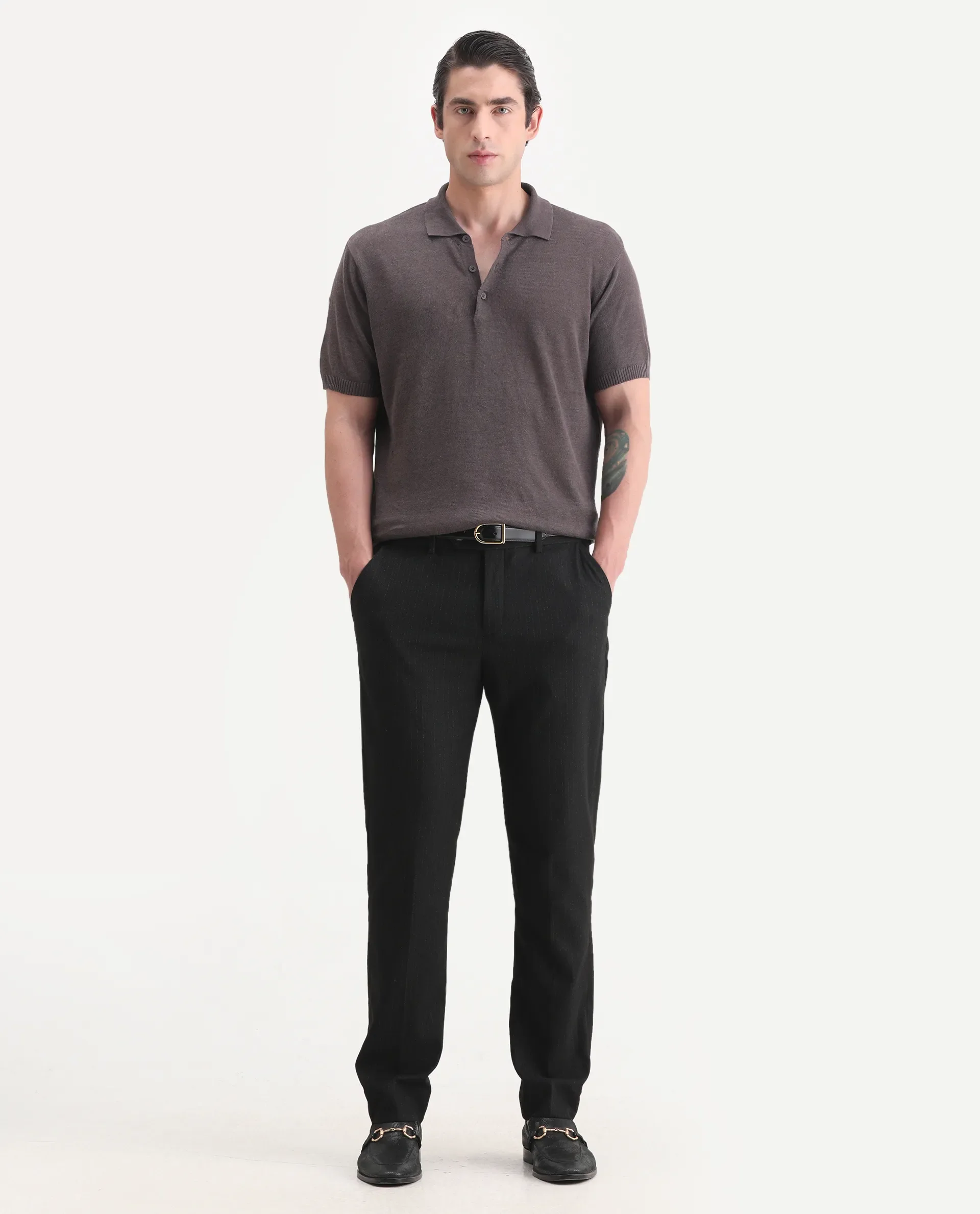 Rare Rabbit Men's Mekko-25 Dark Brown Cotton Blend Plain Regular Fit Half Sleeve Polo - Image 2
