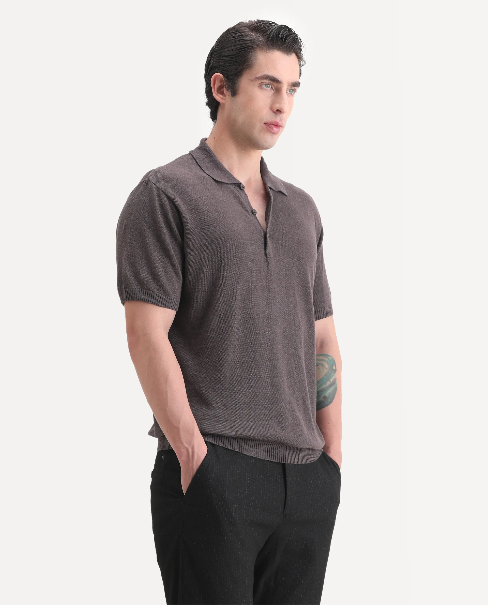 Rare Rabbit Men's Mekko-25 Dark Brown Cotton Blend Plain Regular Fit Half Sleeve Polo - Image 4