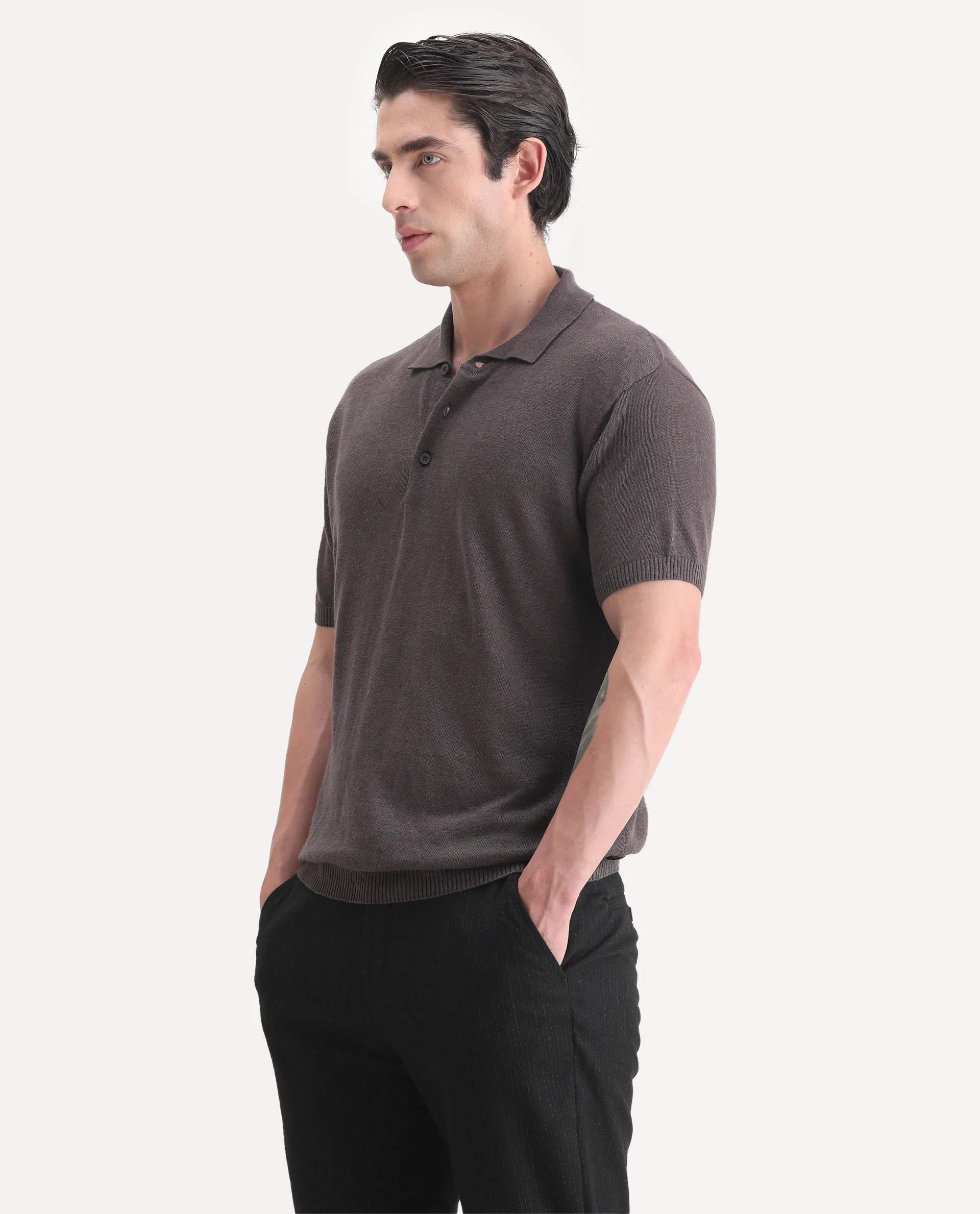 Rare Rabbit Men's Mekko-25 Dark Brown Cotton Blend Plain Regular Fit Half Sleeve Polo - Image 5
