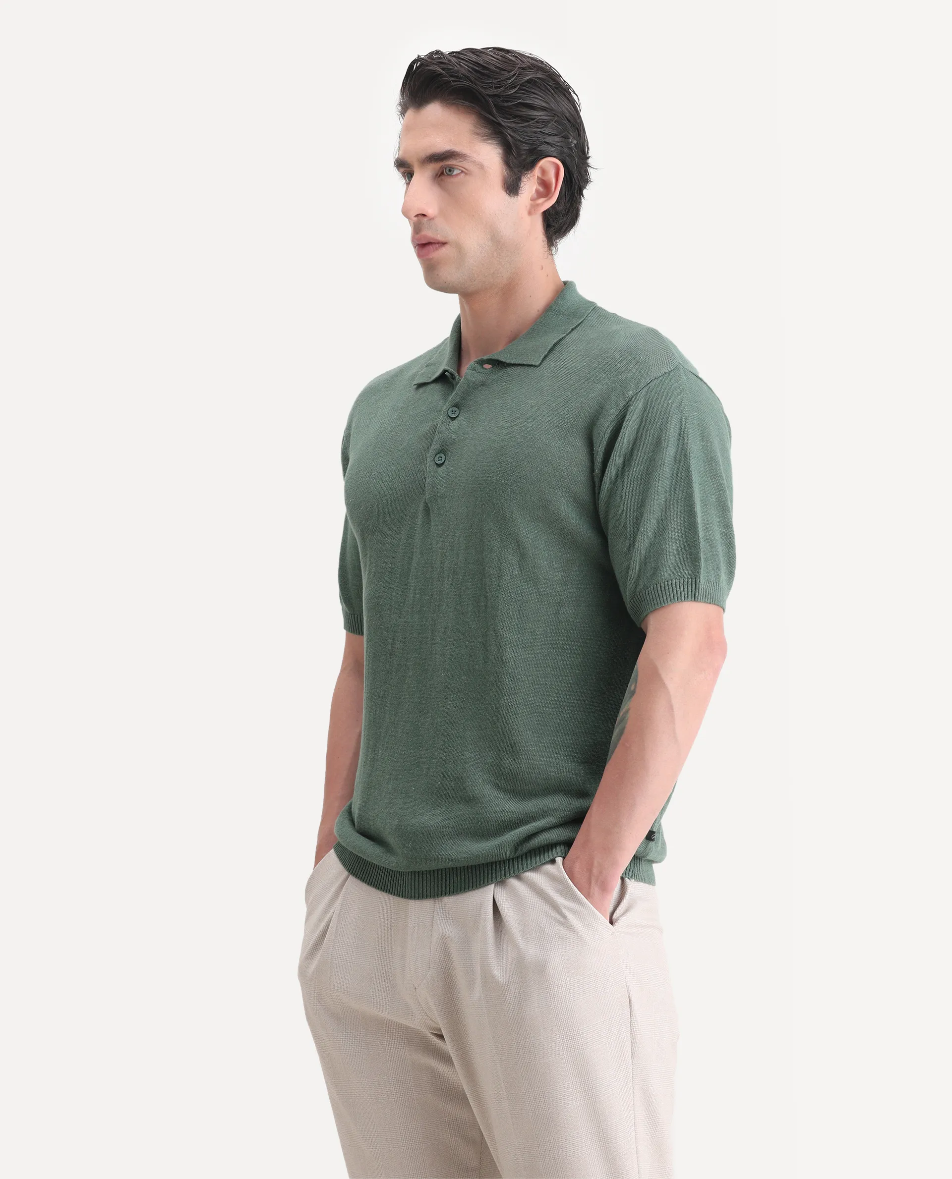 Rare Rabbit Men's Mekko-25 Green Cotton Blend Plain Regular Fit Half Sleeve Polo - Image 4