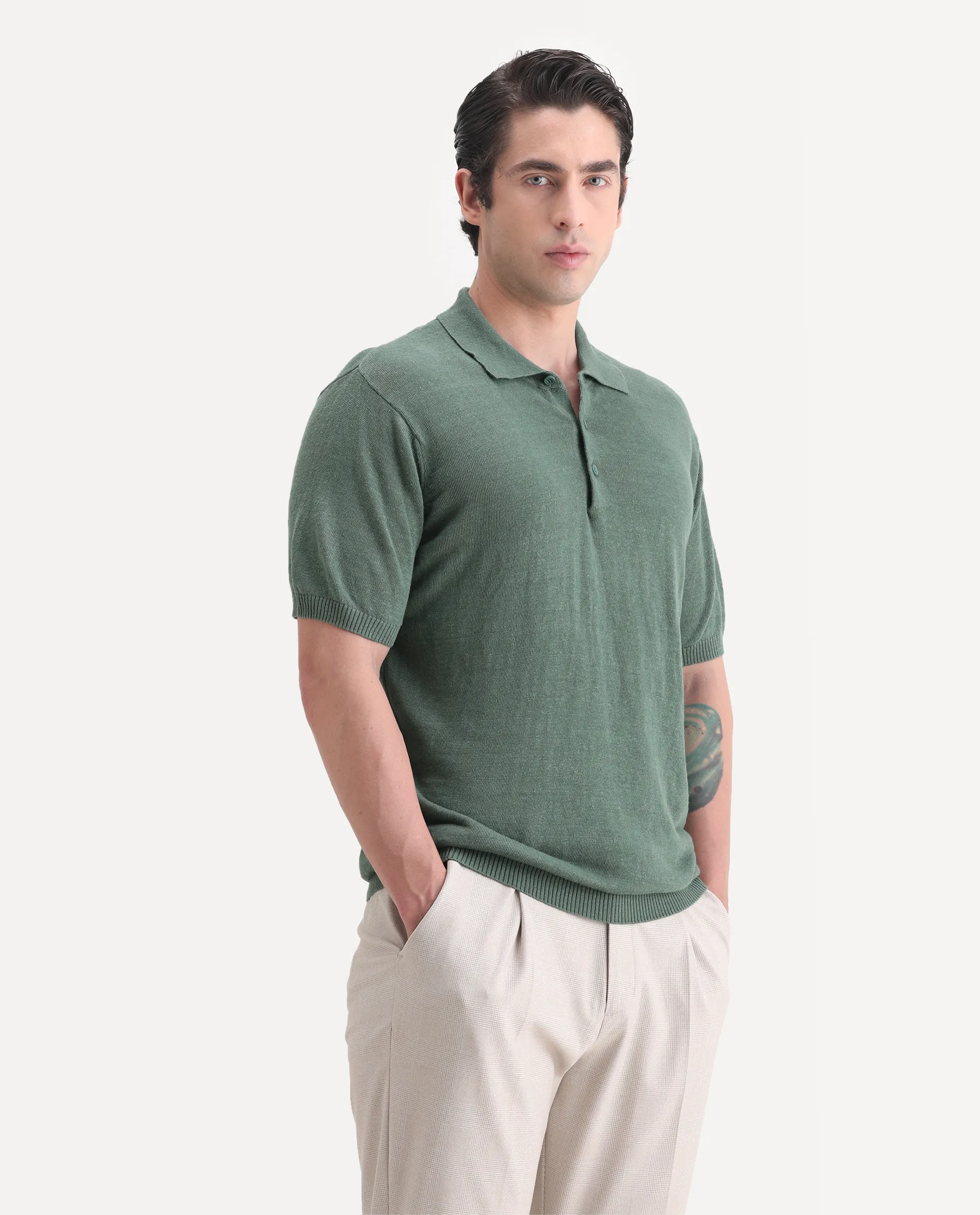 Rare Rabbit Men's Mekko-25 Green Cotton Blend Plain Regular Fit Half Sleeve Polo - Image 5