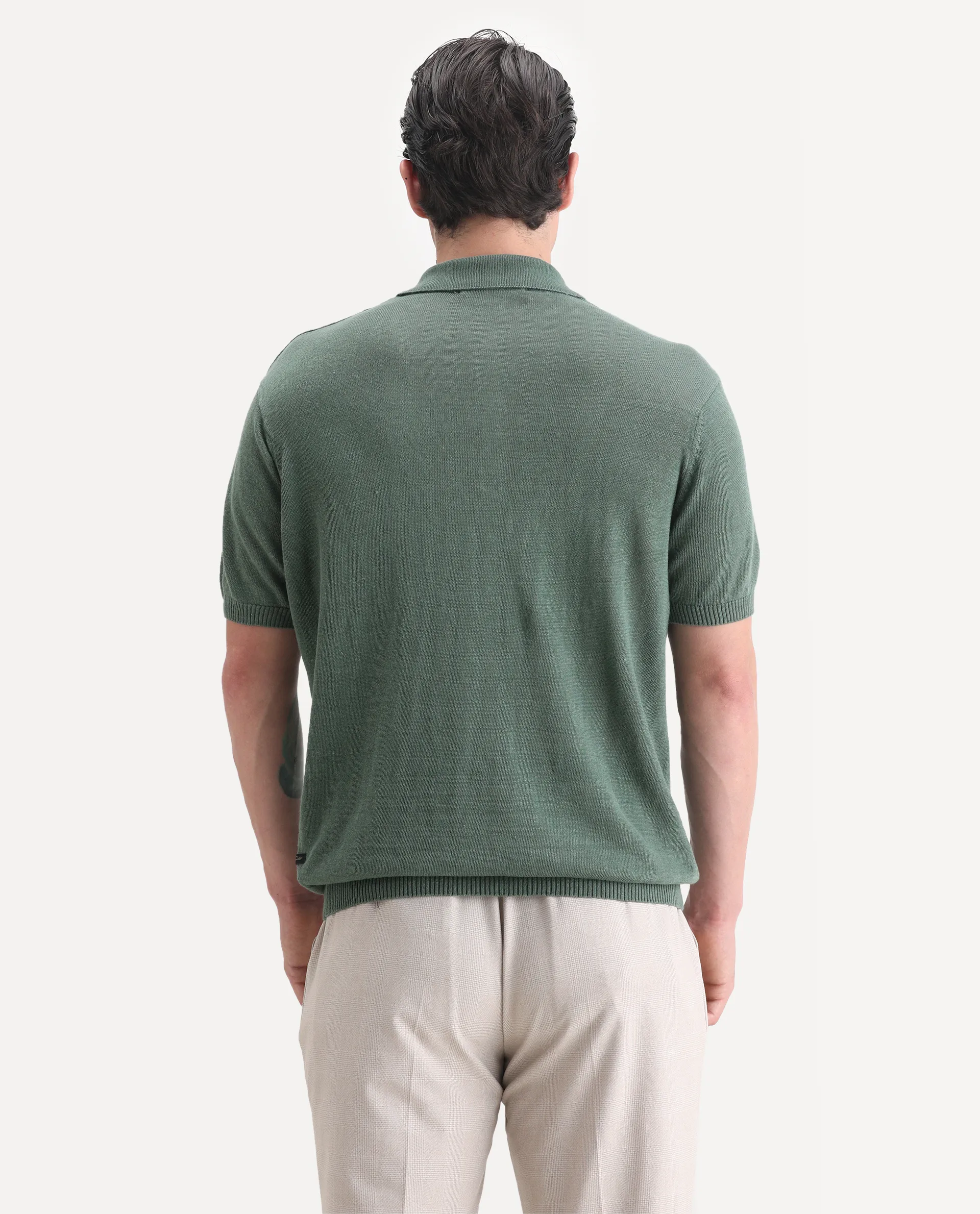 Rare Rabbit Men's Mekko-25 Green Cotton Blend Plain Regular Fit Half Sleeve Polo - Image 6