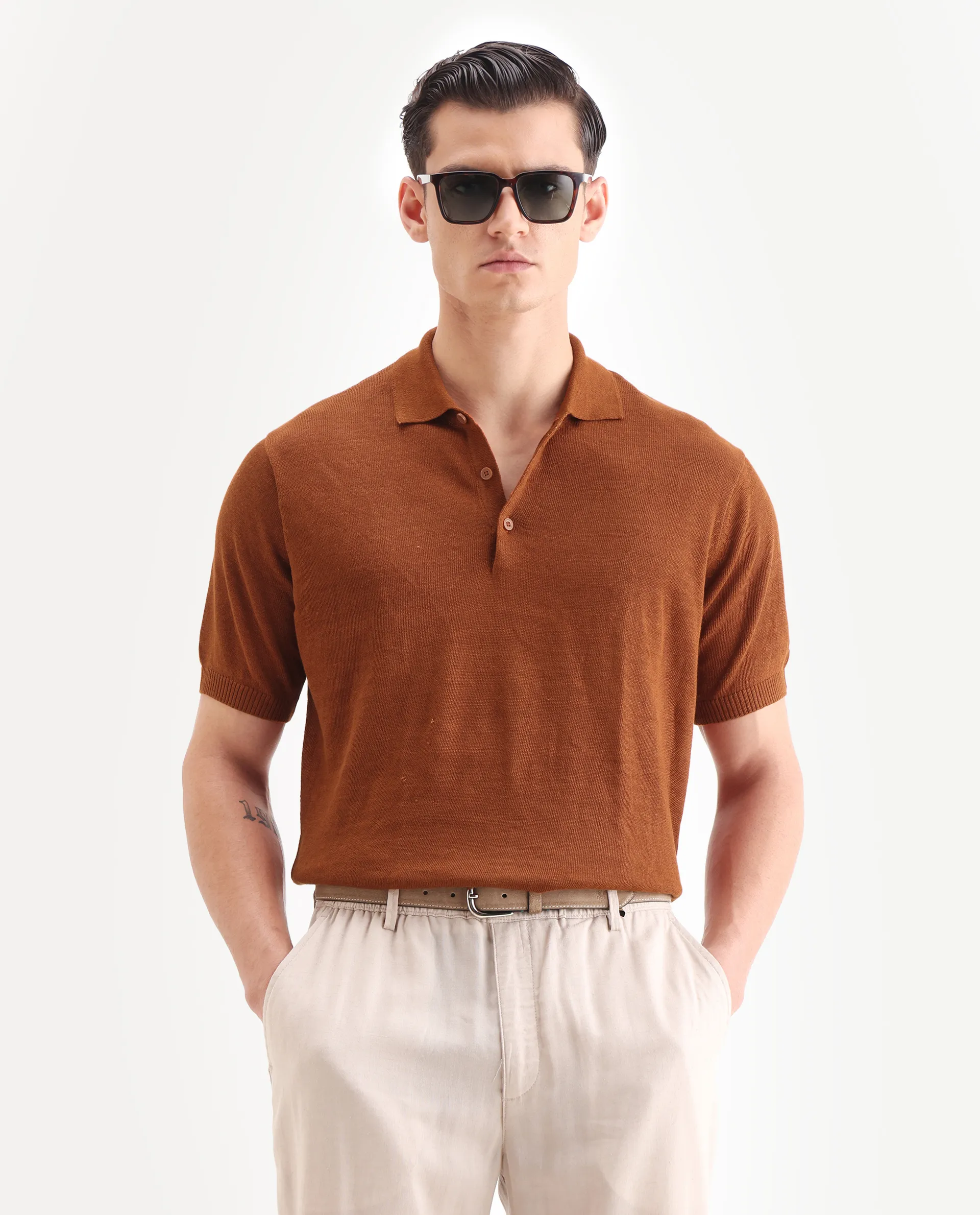 Rare Rabbit Men's Mekko-25 Rust Cotton Blend Plain Regular Fit Half Sleeve Polo